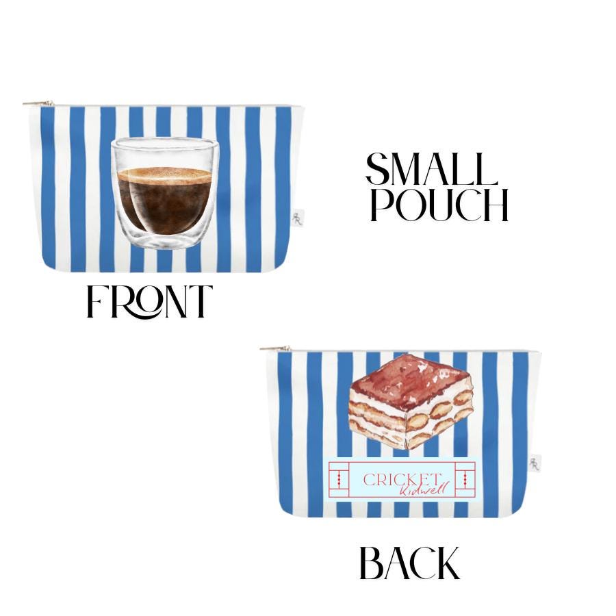 Italy Cabana Stripe Pouch Set | Blue & White Travel Bags with Italian Seafood, Pasta + Espresso Prints | Mediterranean Organizer Gift Set