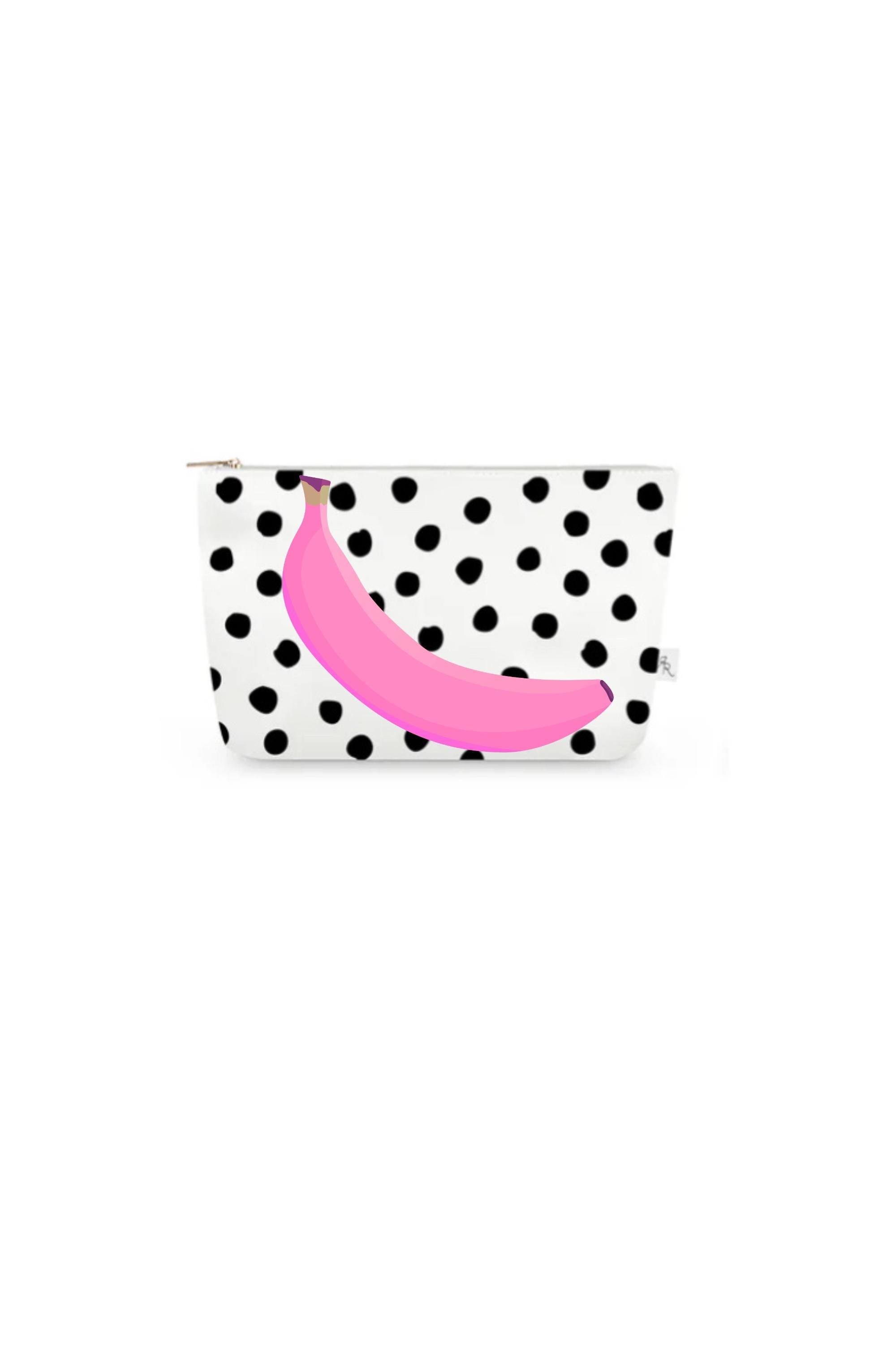 White + Black Polka Dot Pouch Set with Pink Bananas – Set of 3 Travel Organizer Bags, Fun Preppy Cosmetic Pouches, Quirky Luxe Gift Set