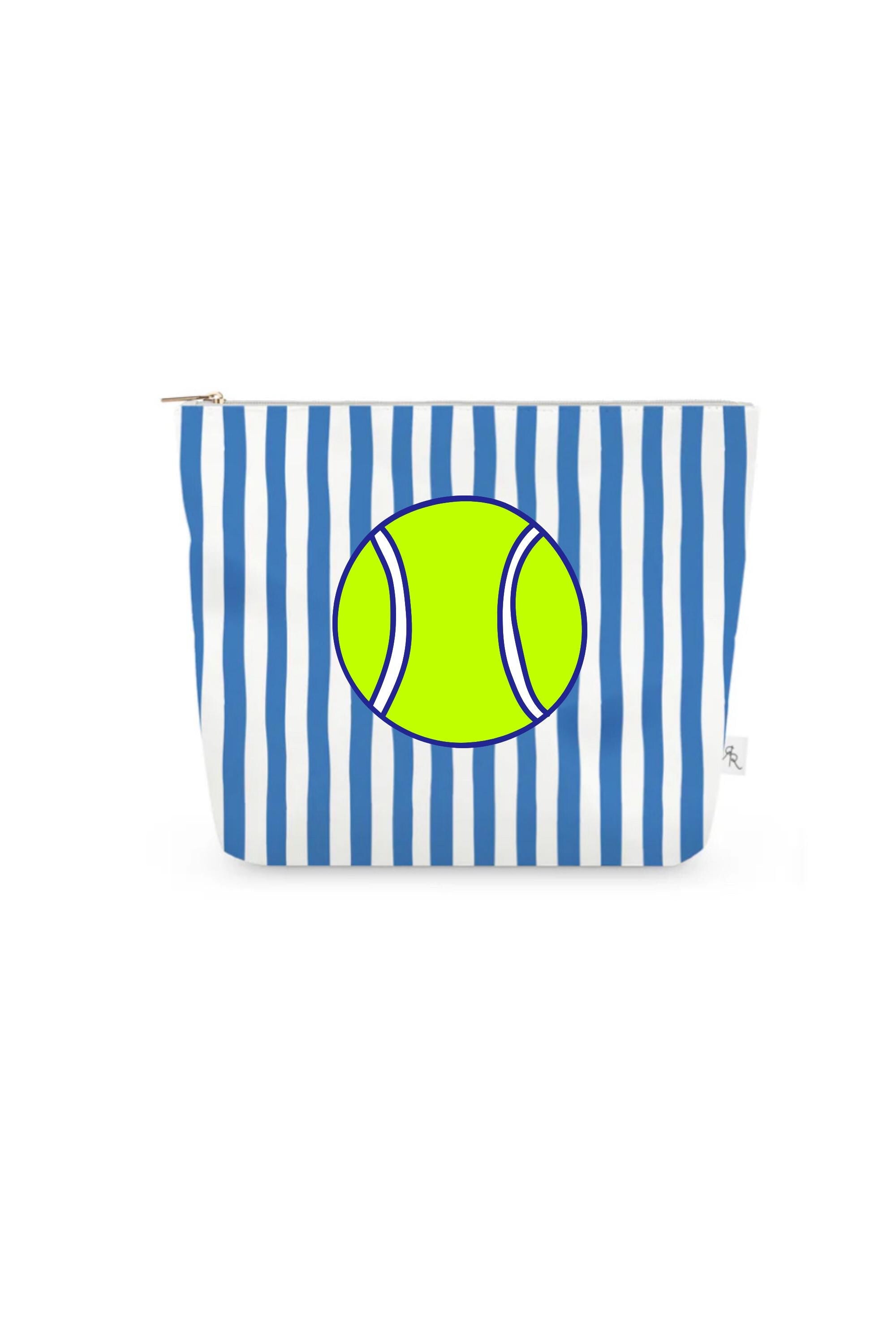 Blue & White Cabana Stripe Pouch Set with Yellow Tennis Balls – Set of 3 Travel Organizers, Sporty Preppy Cosmetic Bags, Tennis Gift
