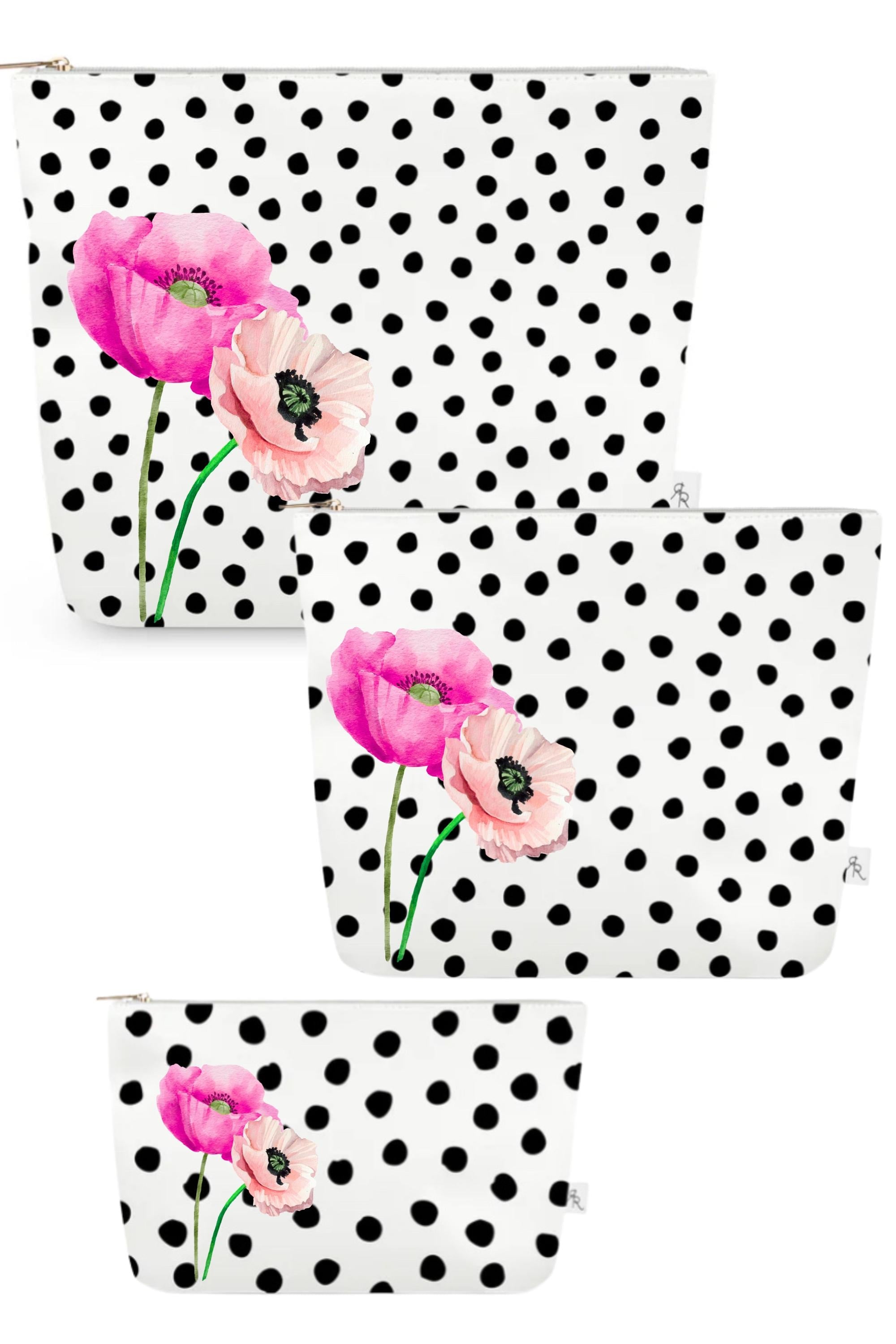 White & Black Polka Dot Pouch Set with Pink Poppies – Set of 3 Travel Organizer Bags, Preppy Floral Cosmetic Pouches, Luxe Gift Set