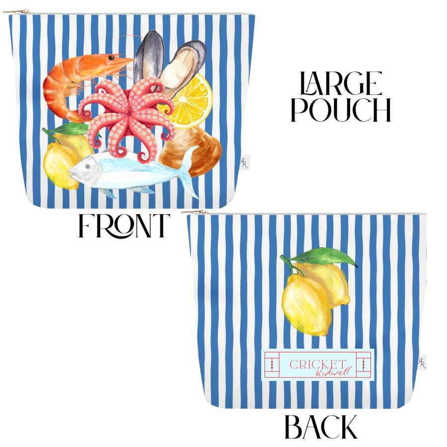 Italy Cabana Stripe Pouch Set | Blue & White Travel Bags with Italian Seafood, Pasta + Espresso Prints | Mediterranean Organizer Gift Set