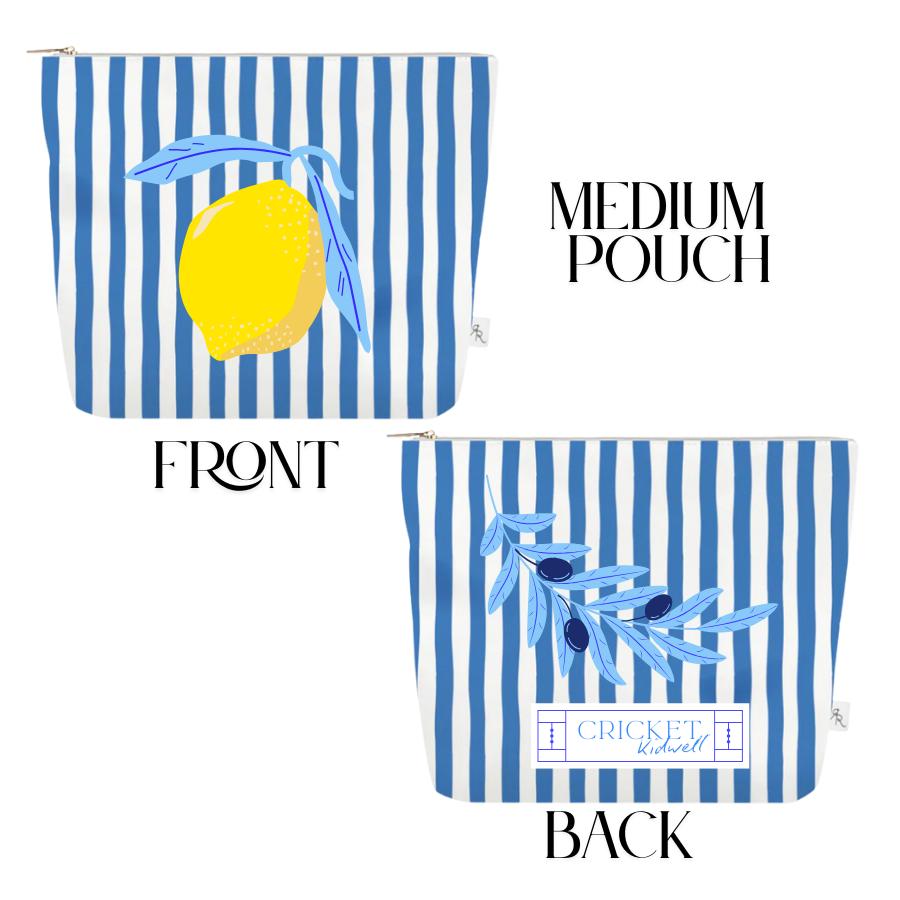 Greece Cabana Stripe Pouch Set | Blue + White Travel Bags with Lemon Tree, Olive Branch + Lemon Prints | Coastal Luxe Organizer Gift 3 sizes