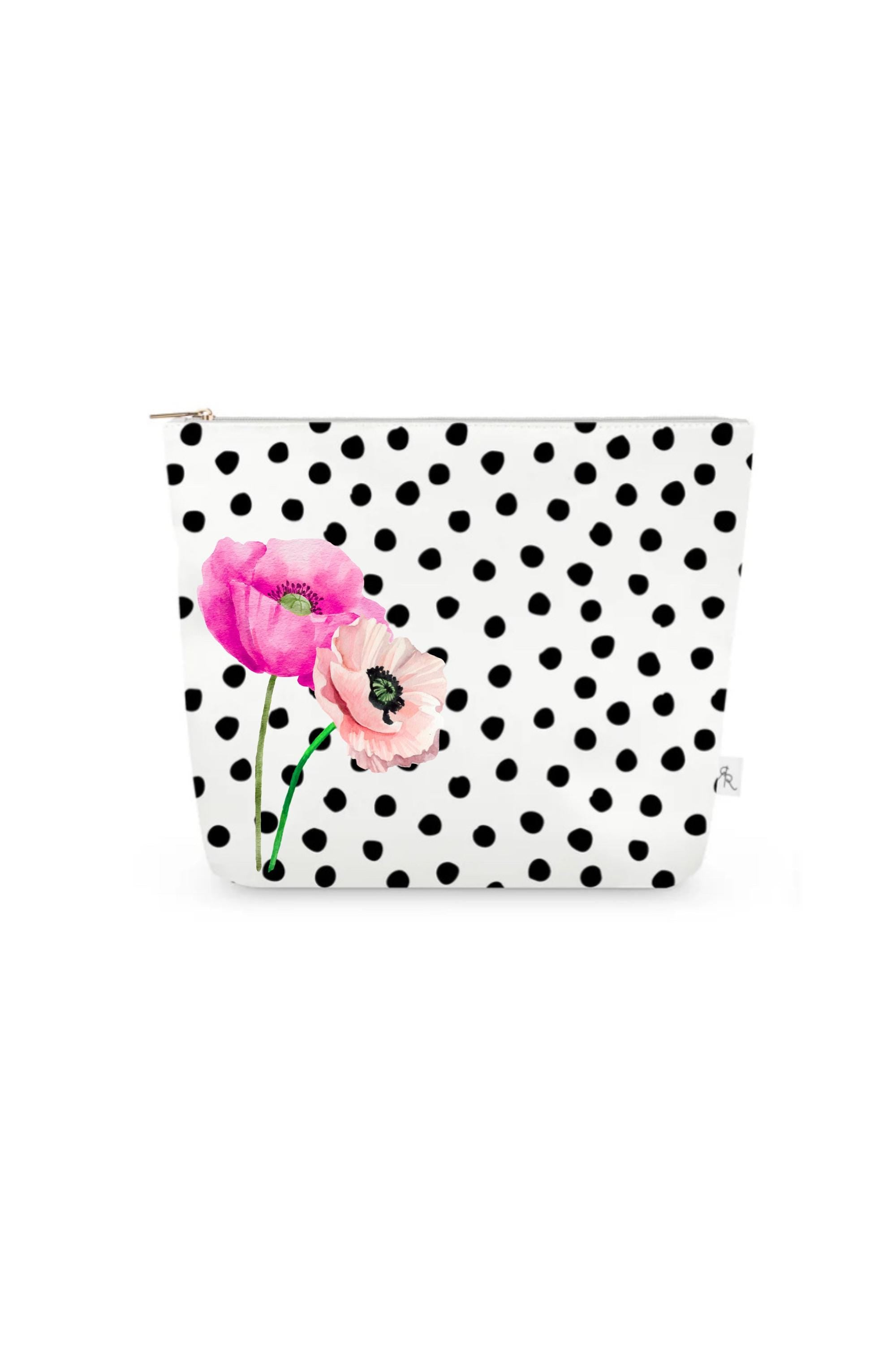 White & Black Polka Dot Pouch Set with Pink Poppies – Set of 3 Travel Organizer Bags, Preppy Floral Cosmetic Pouches, Luxe Gift Set