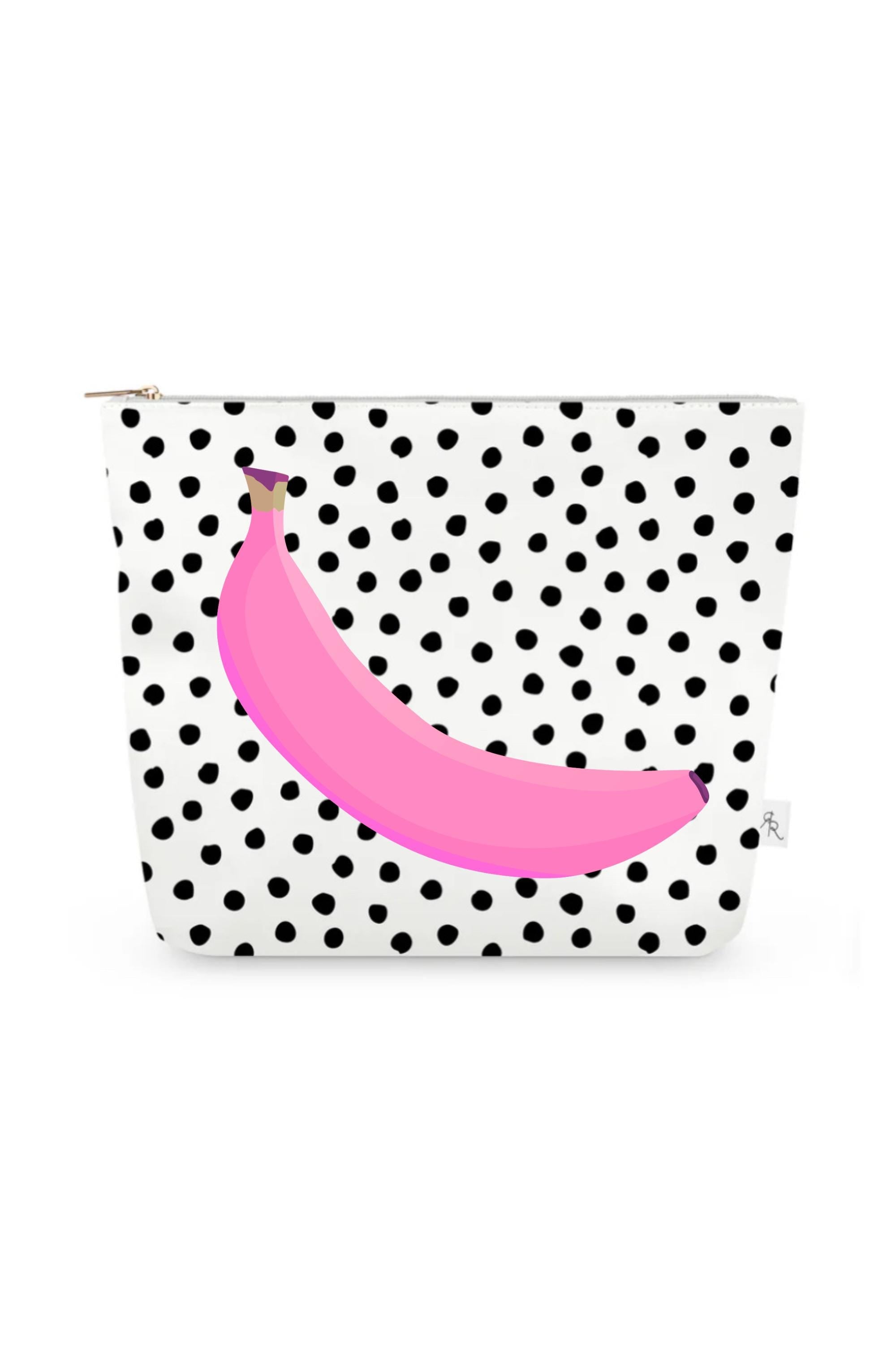 White + Black Polka Dot Pouch Set with Pink Bananas – Set of 3 Travel Organizer Bags, Fun Preppy Cosmetic Pouches, Quirky Luxe Gift Set