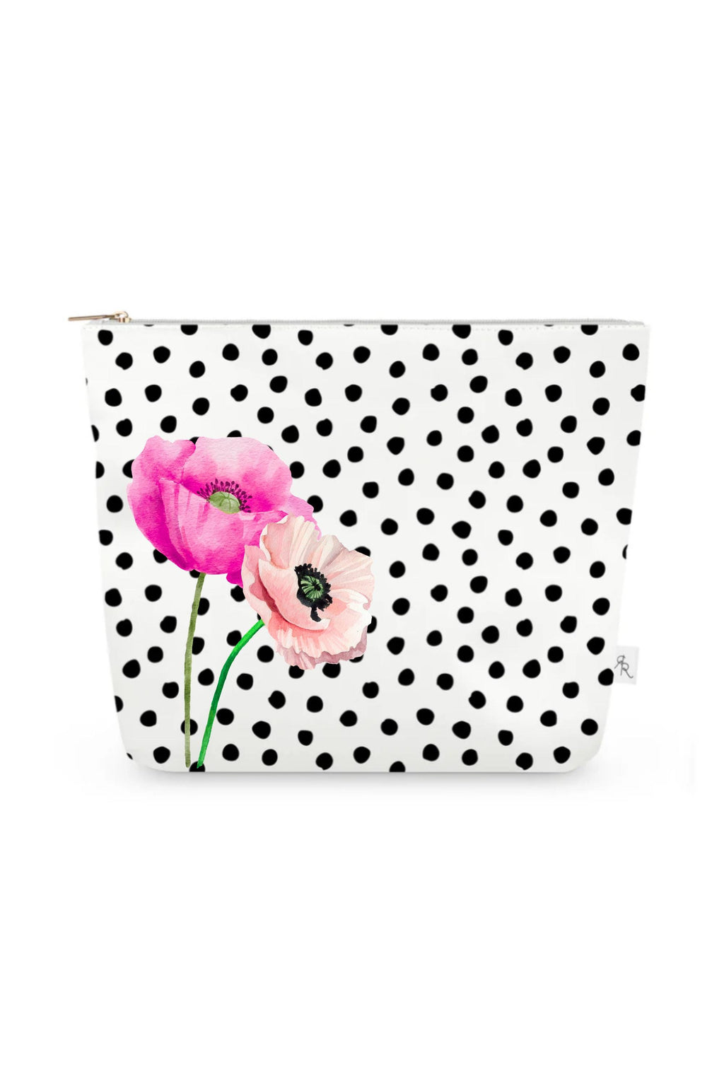 White & Black Polka Dot Pouch Set with Pink Poppies – Set of 3 Travel Organizer Bags, Preppy Floral Cosmetic Pouches, Luxe Gift Set