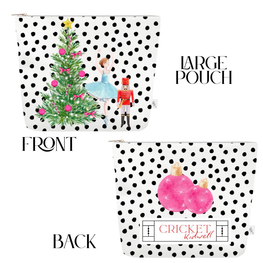 Christmas Polka Dot Pouch Set | White + Black Dotted Holiday Bags w Nutcracker, VW Bug, Snow Globe + Santa Prints | Festive Travel