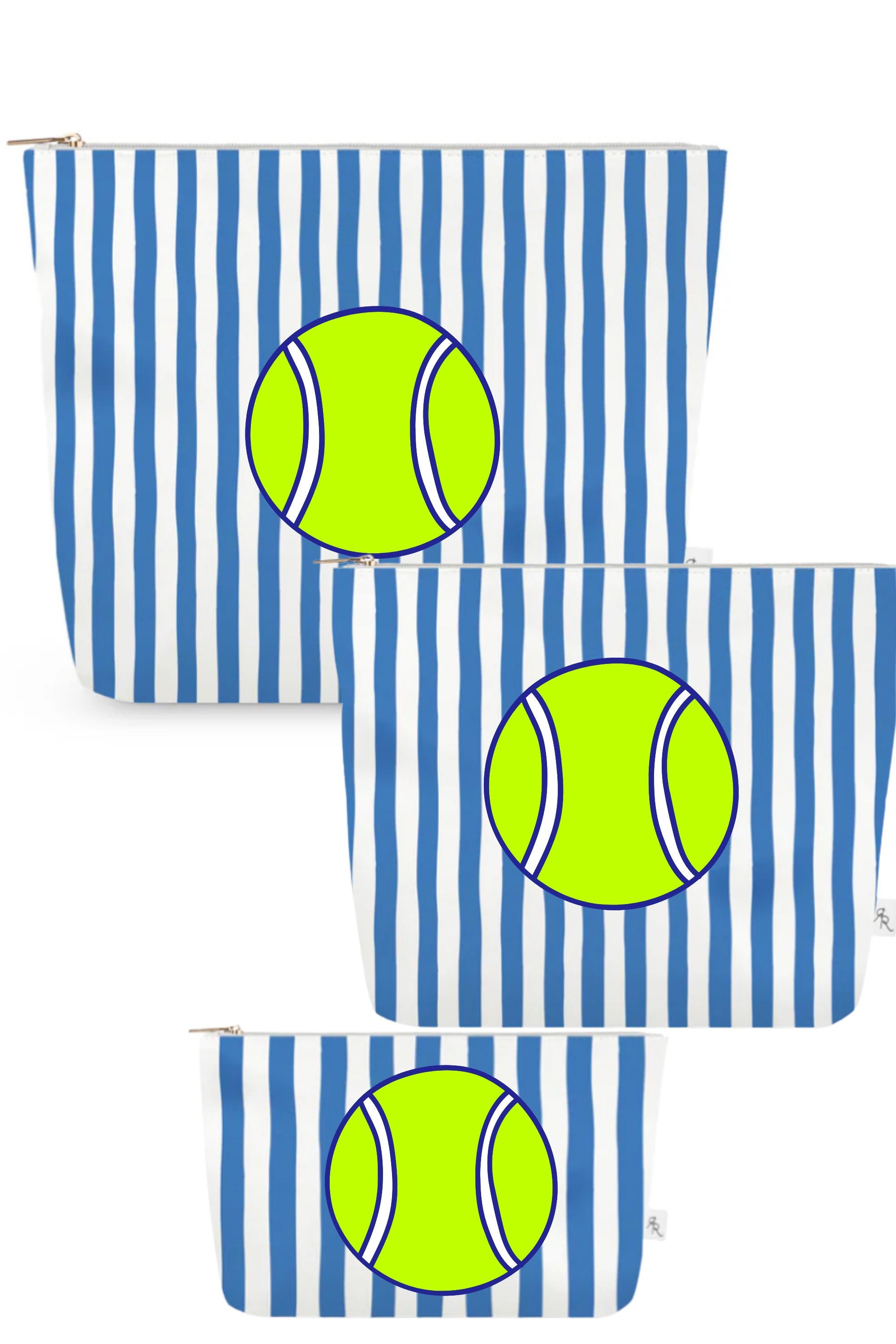 Blue & White Cabana Stripe Pouch Set with Yellow Tennis Balls – Set of 3 Travel Organizers, Sporty Preppy Cosmetic Bags, Tennis Gift