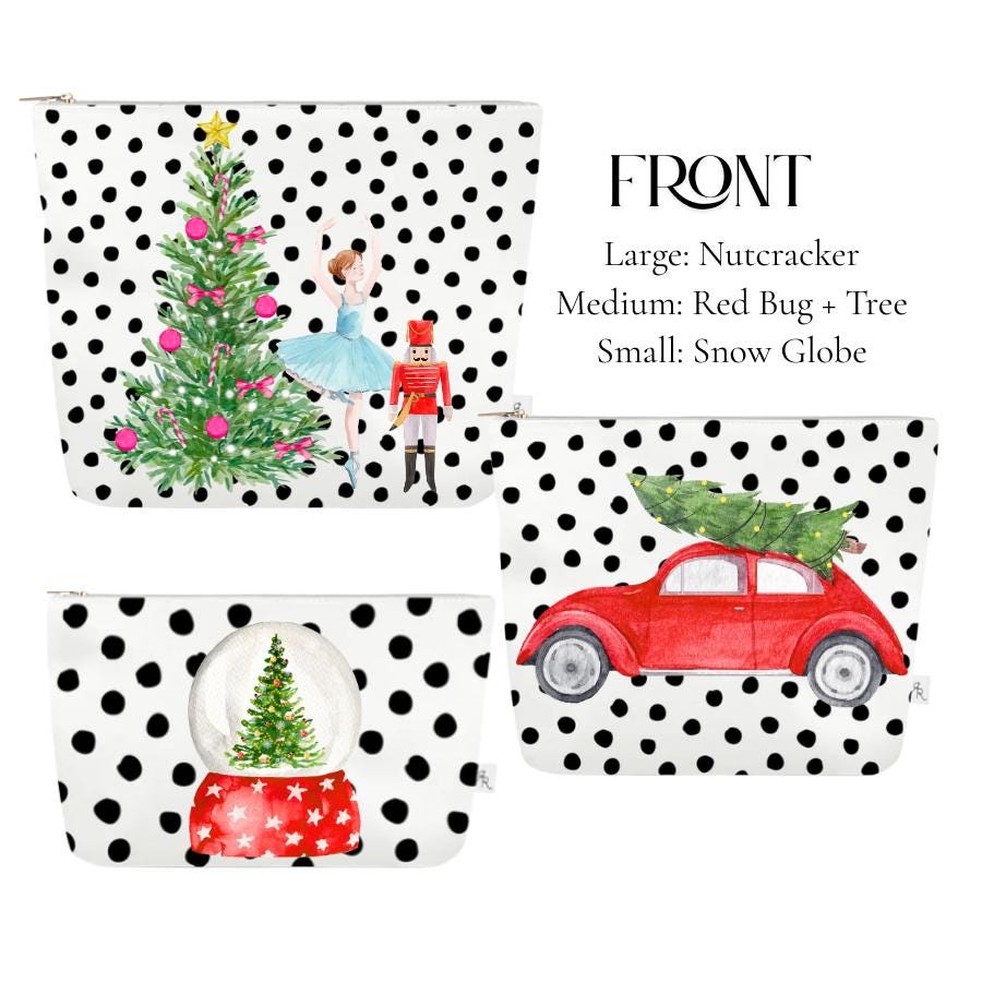 Christmas Polka Dot Pouch Set | White + Black Dotted Holiday Bags w Nutcracker, VW Bug, Snow Globe + Santa Prints | Festive Travel