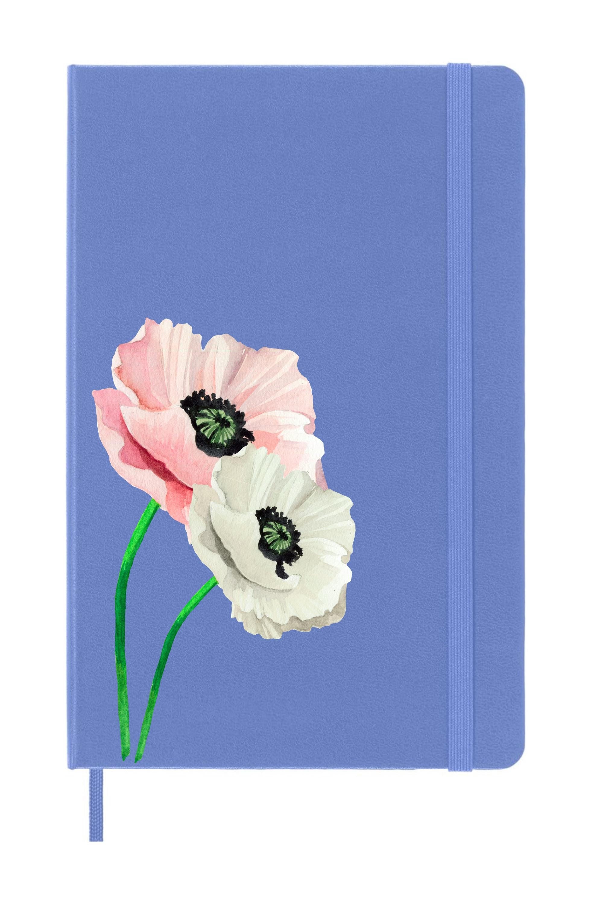 Poppy Flower on Hydrangea Blue Moleskine Journal – Botanical Wildflower Notebook, Cottagecore Stationery Gift, Hardcover Floral Garden Girl