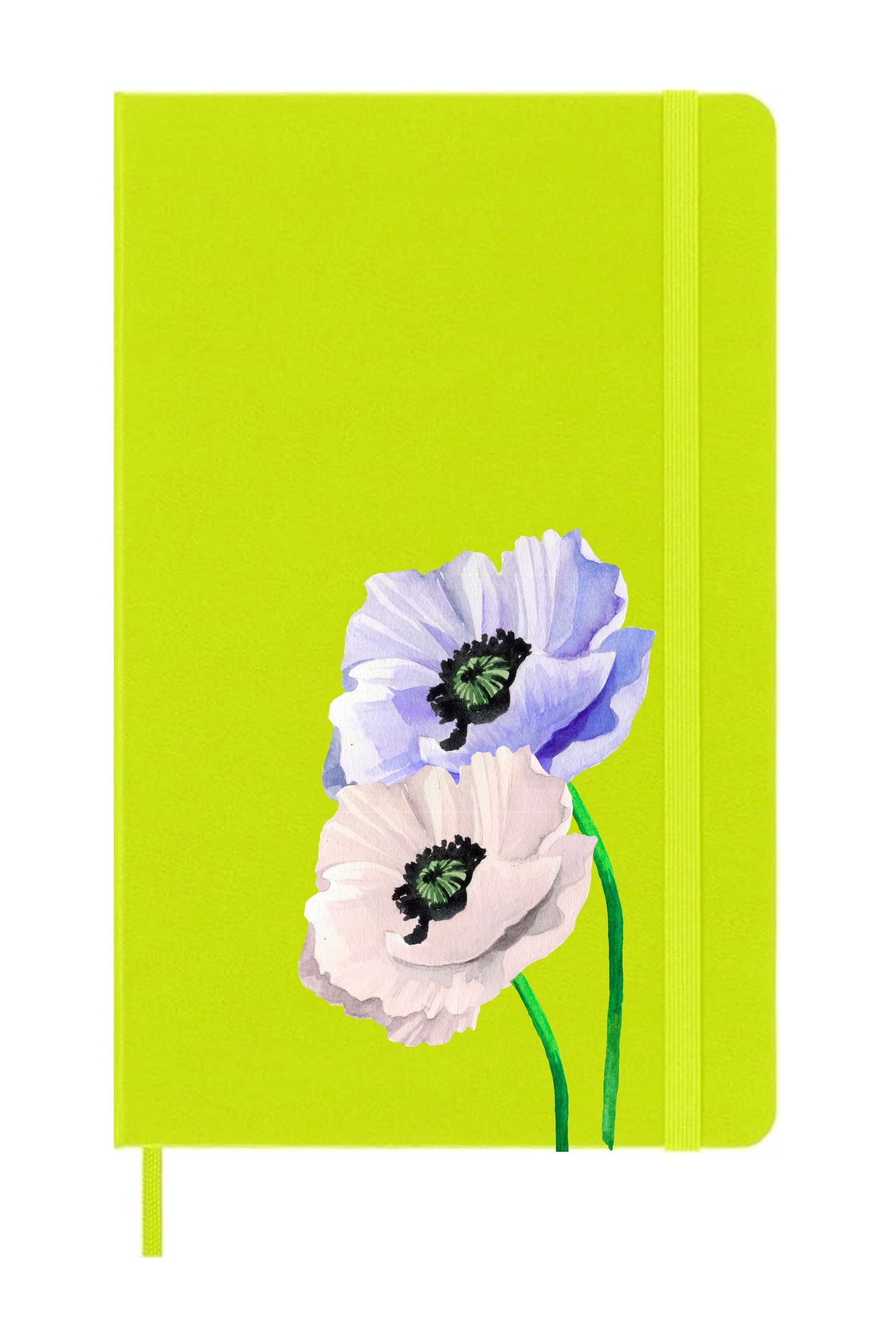 Poppy Flower on Lemon Green Moleskine Journal – Botanical Wildflower Notebook, Cottagecore Stationery Gift, Hardcover Floral Garden Girl