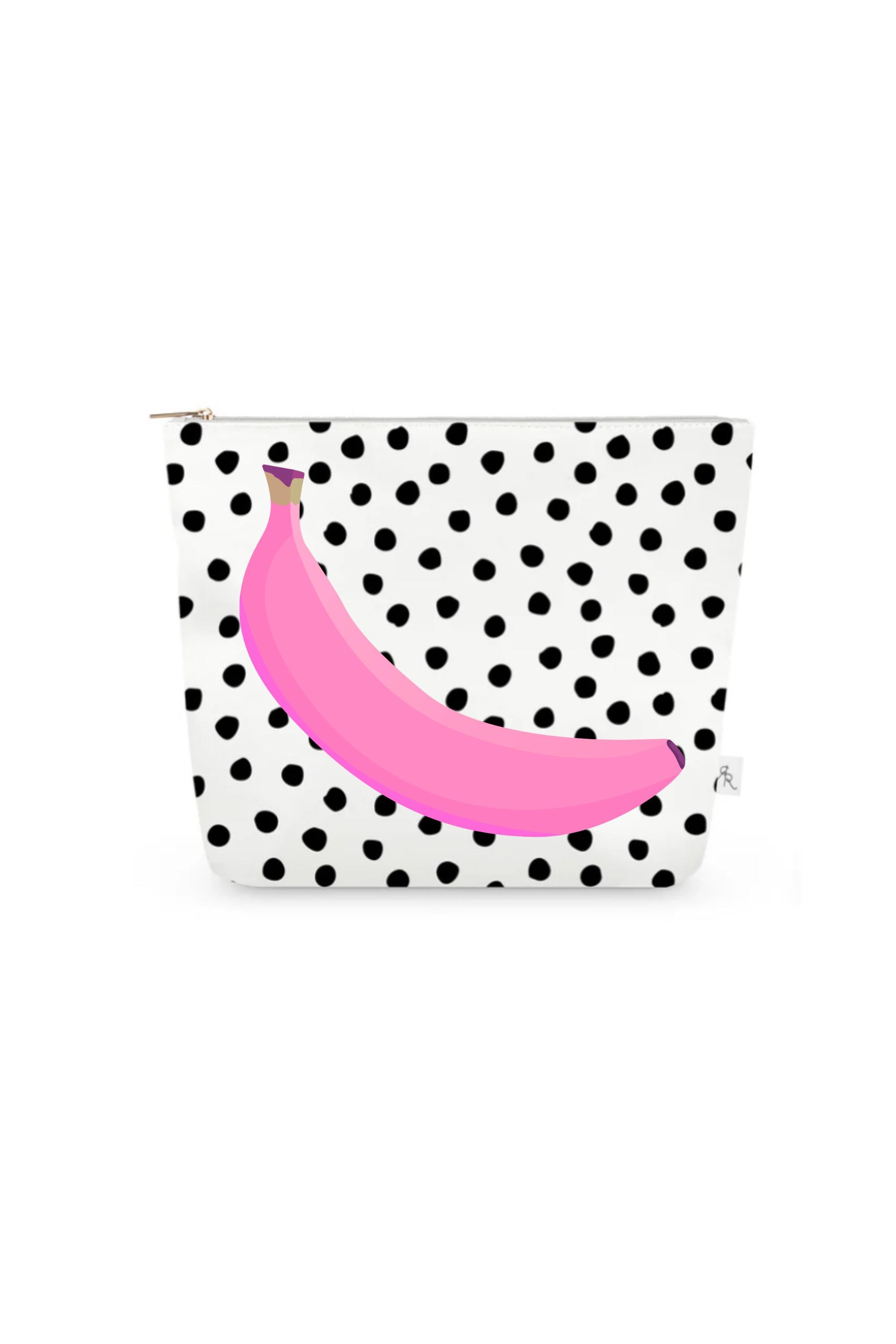 White + Black Polka Dot Pouch Set with Pink Bananas – Set of 3 Travel Organizer Bags, Fun Preppy Cosmetic Pouches, Quirky Luxe Gift Set