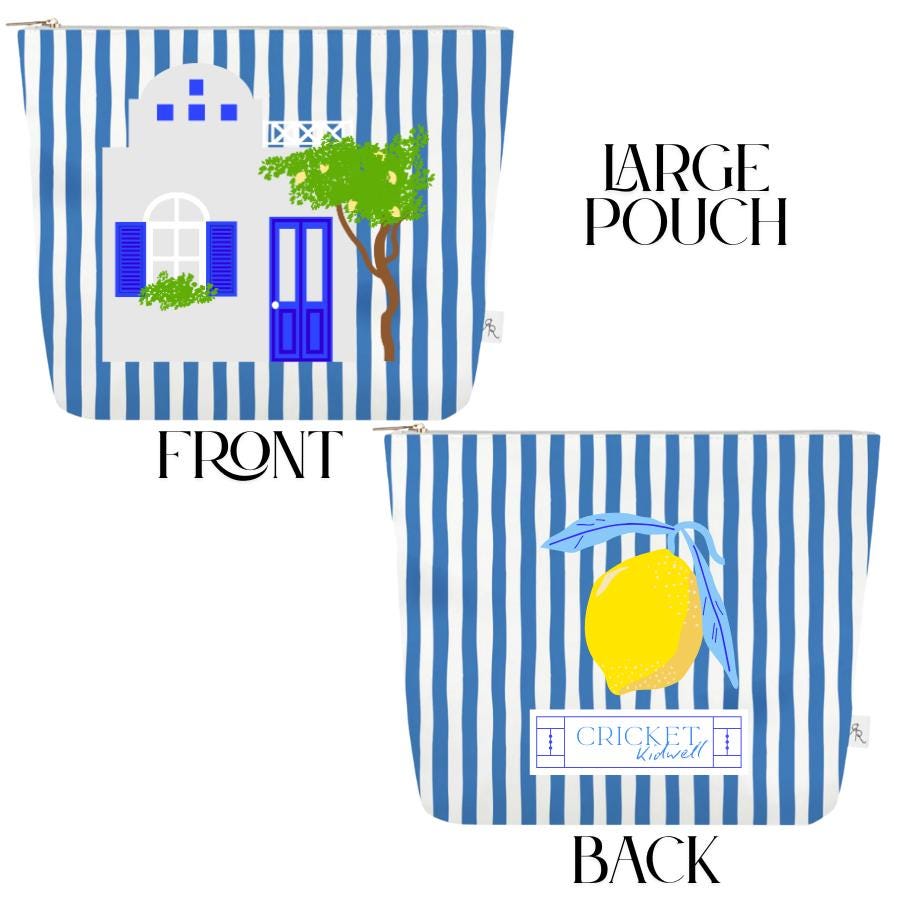 Greece Cabana Stripe Pouch Set | Blue + White Travel Bags with Lemon Tree, Olive Branch + Lemon Prints | Coastal Luxe Organizer Gift 3 sizes
