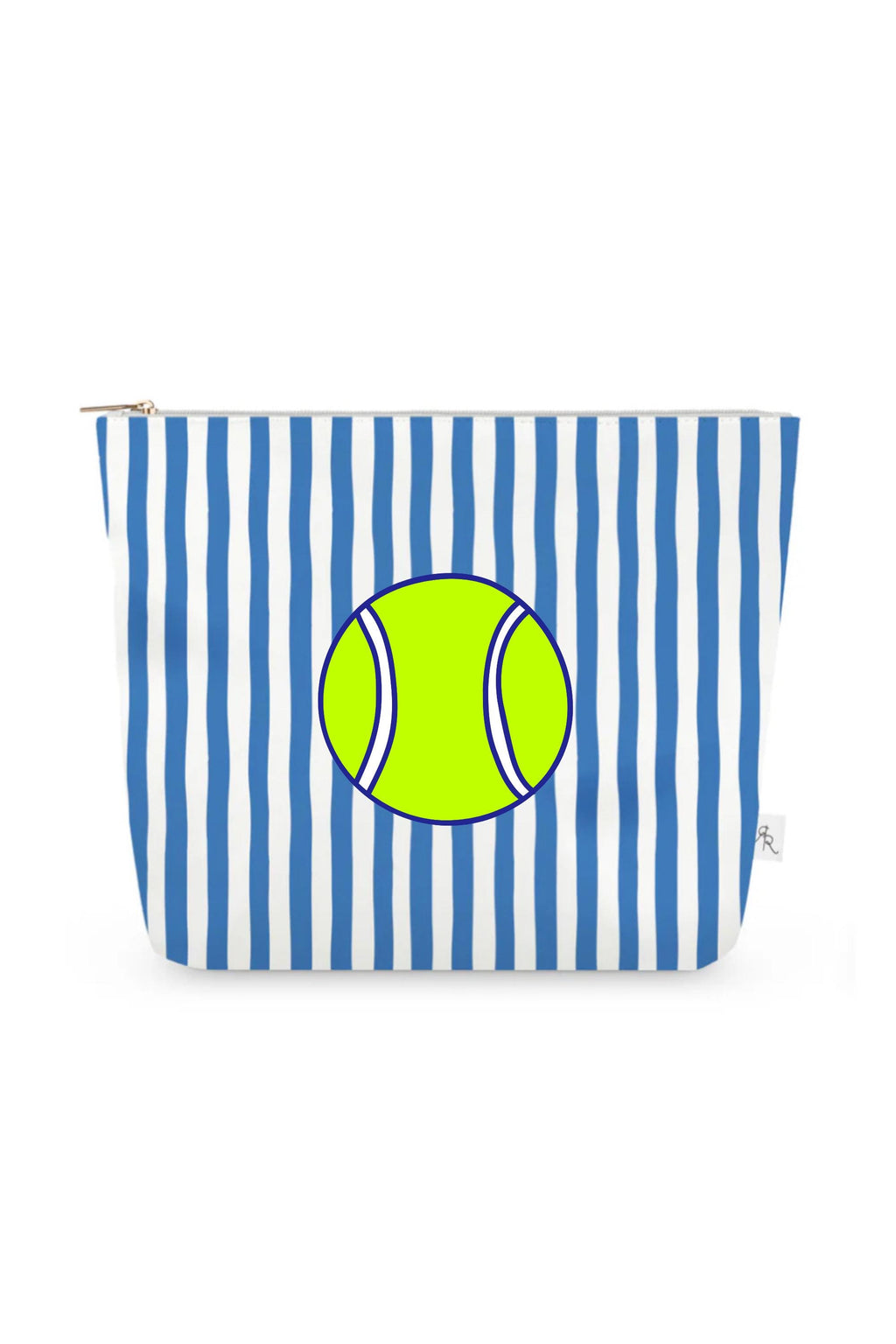 Blue & White Cabana Stripe Pouch Set with Yellow Tennis Balls – Set of 3 Travel Organizers, Sporty Preppy Cosmetic Bags, Tennis Gift