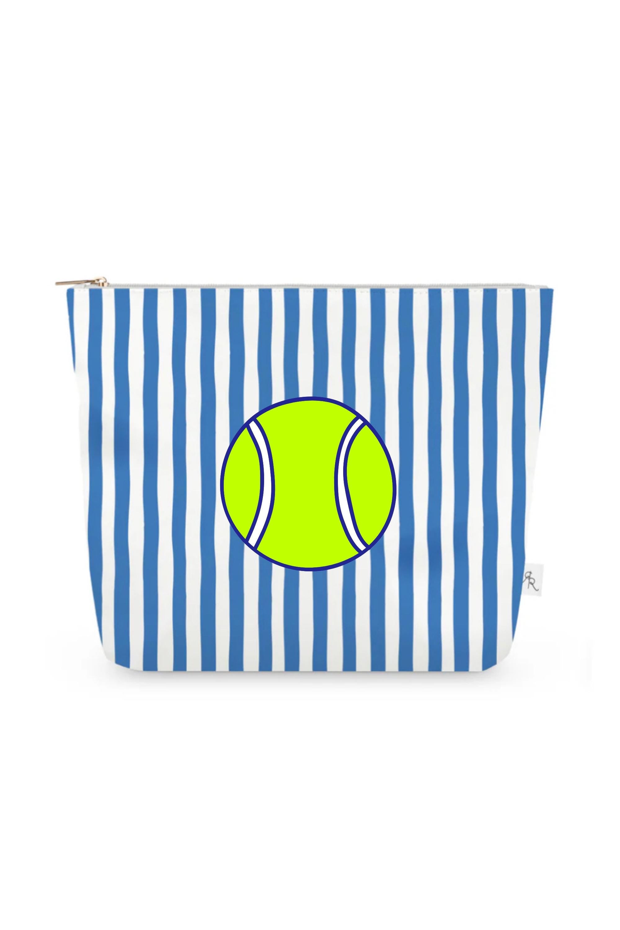 Blue & White Cabana Stripe Pouch Set with Yellow Tennis Balls – Set of 3 Travel Organizers, Sporty Preppy Cosmetic Bags, Tennis Gift