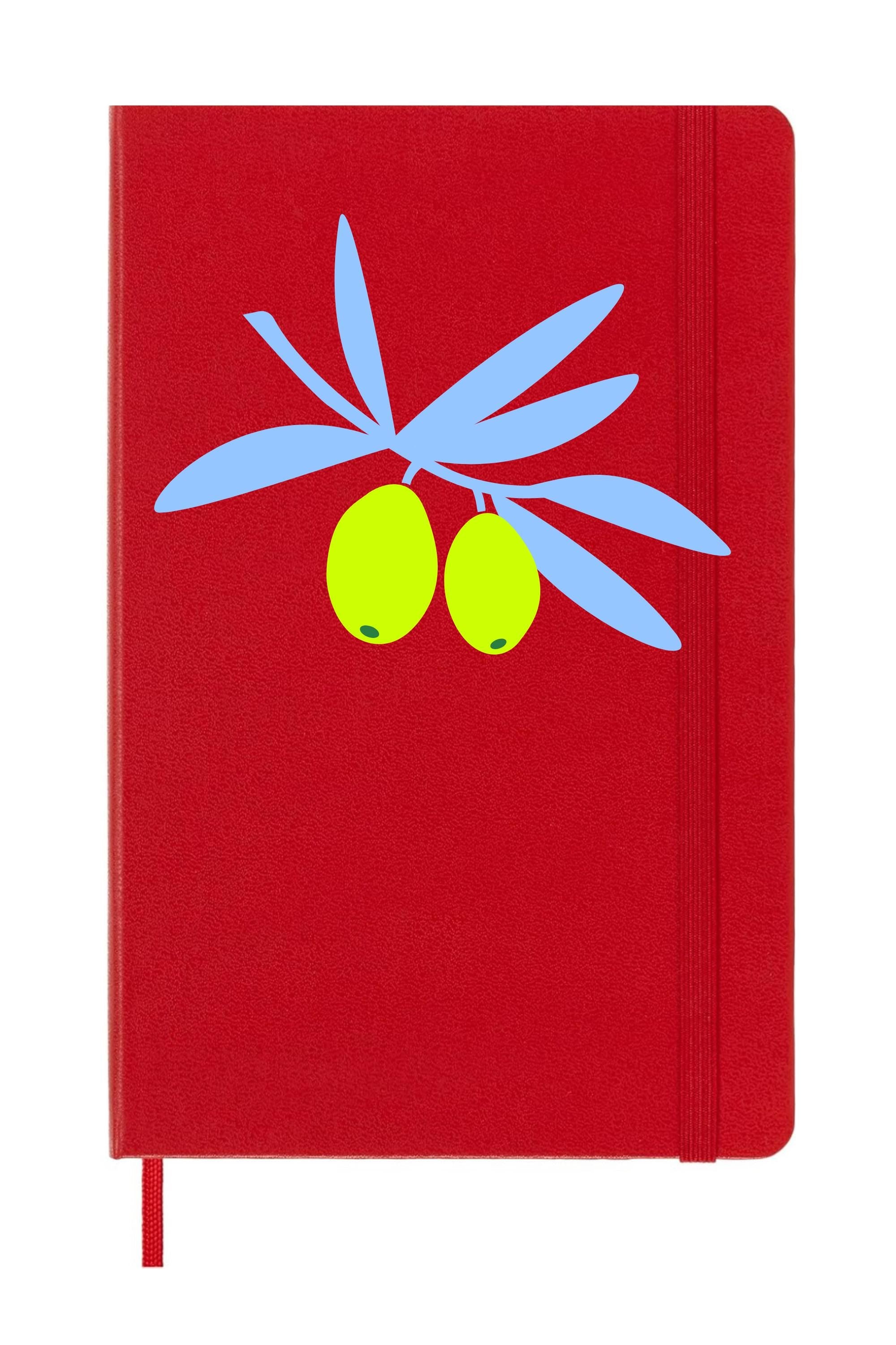 Olive Branch on Bright Red Moleskine Journal – Mediterranean Botanical Notebook, Rustic Kitchen Gift, Hardcover Aesthetic Journal