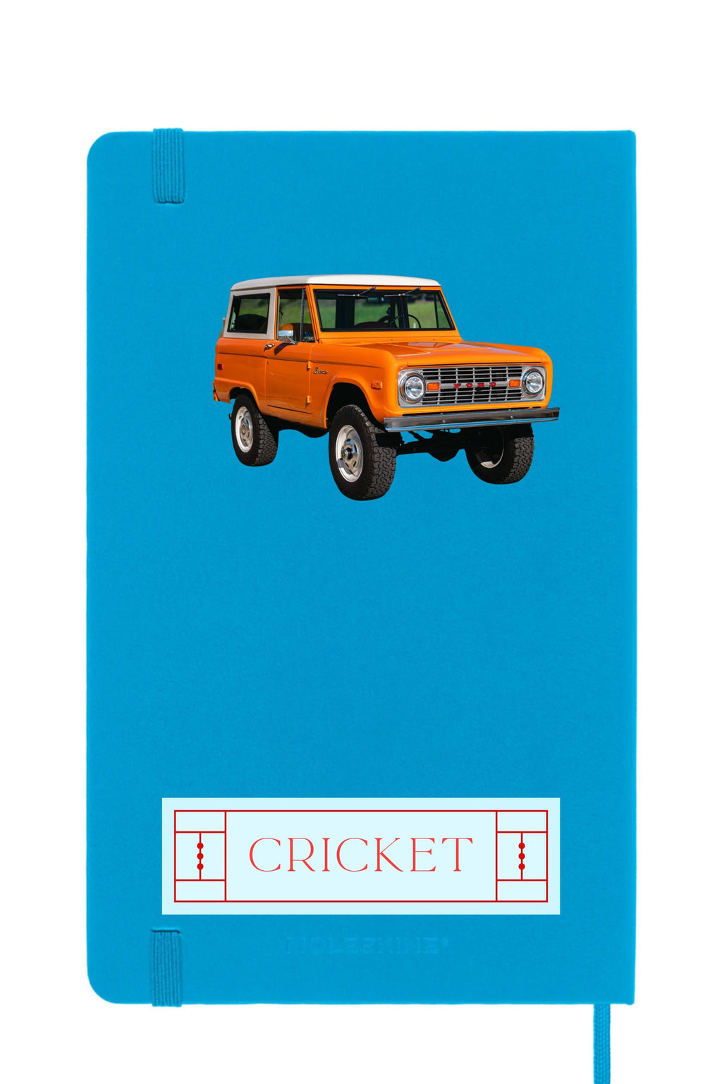 Cerulean Blue Moleskine journal featuring vintage Bronco art — retro truck notebook ideal for car enthusiasts, travelers, unique gifts