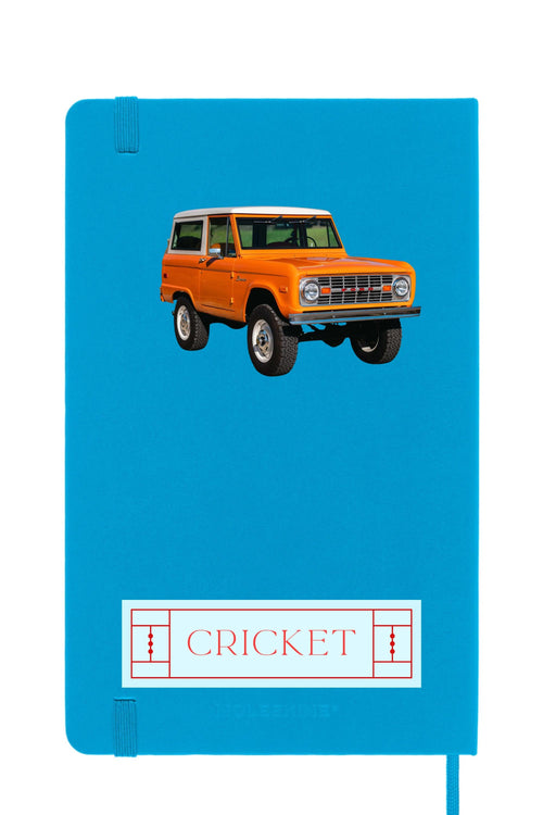 Cerulean Blue Moleskine journal featuring vintage Bronco art — retro truck notebook ideal for car enthusiasts, travelers, unique gifts