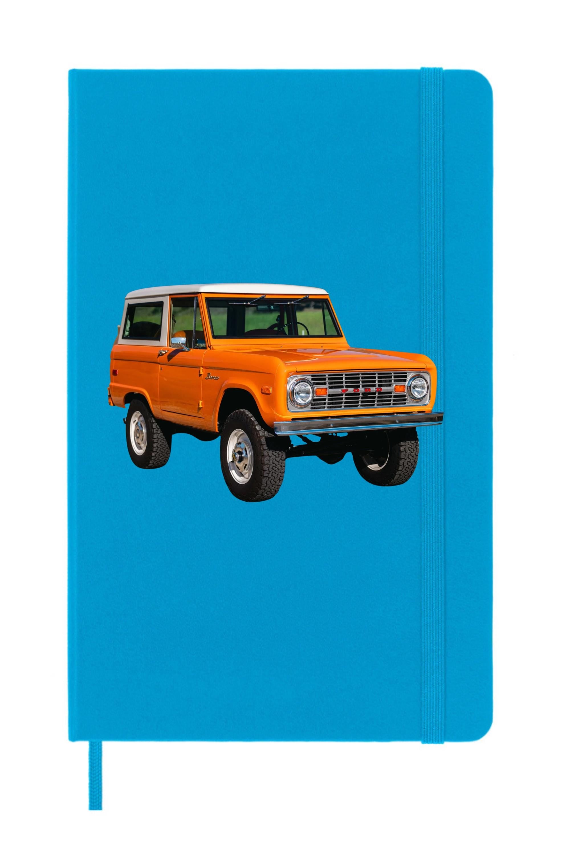 Cerulean Blue Moleskine journal featuring vintage Bronco art — retro truck notebook ideal for car enthusiasts, travelers, unique gifts