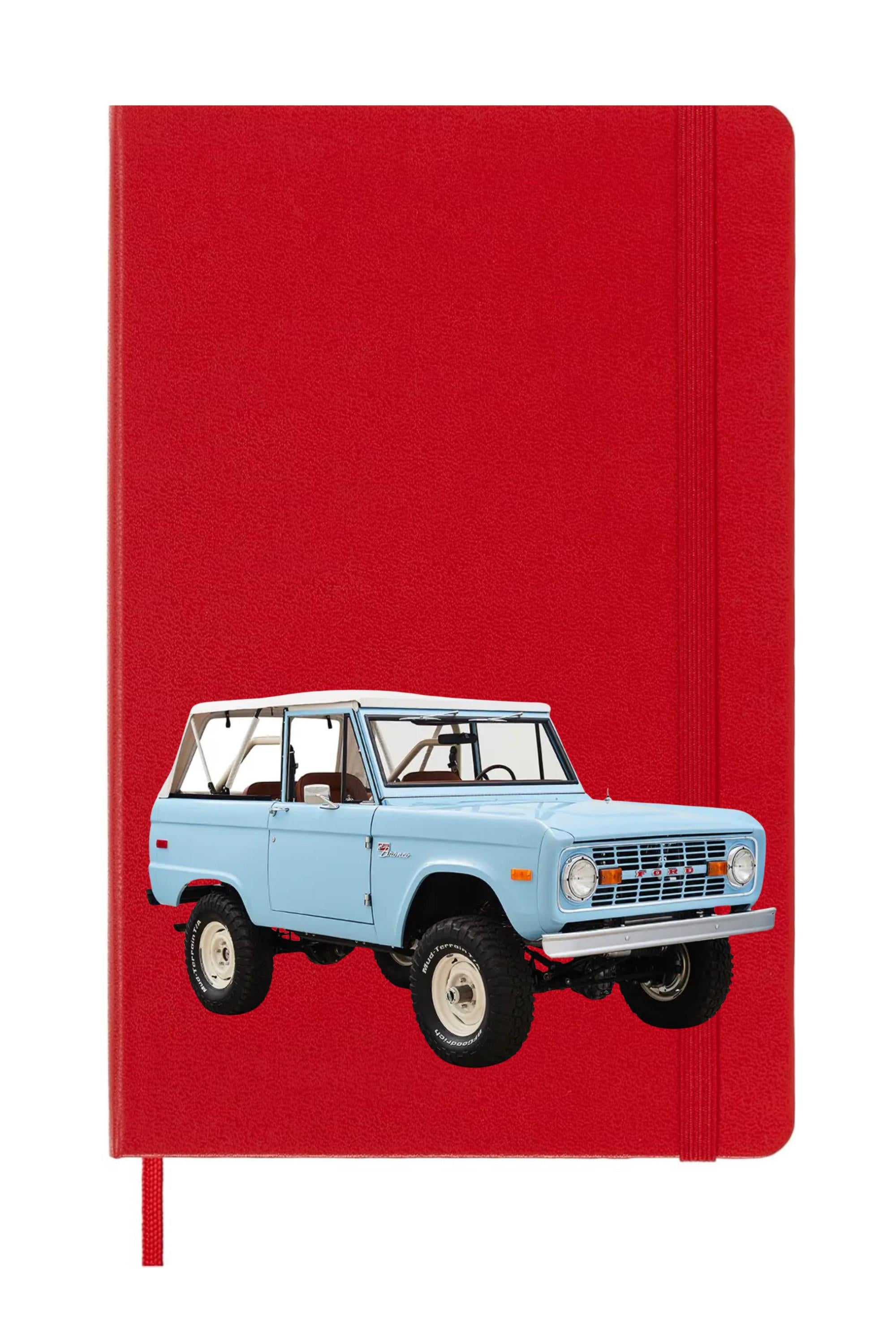 Red Moleskine journal featuring vintage Bronco art — a retro truck notebook ideal for car enthusiasts, travelers, and unique gift seekers.