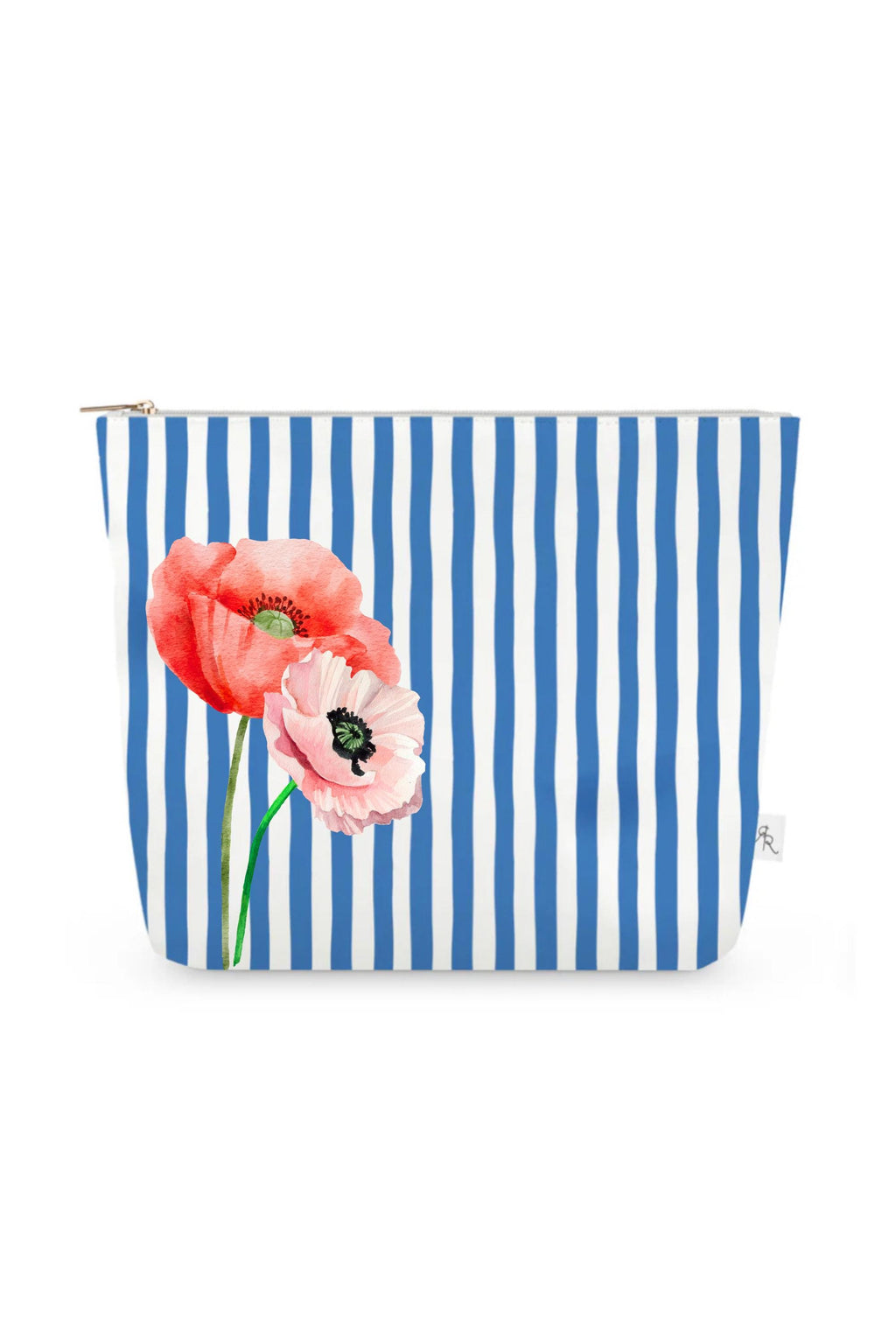Blue + White Cabana Stripe Pouch Set with Pink + Red Poppies – Set of 3 Travel Organizers, Preppy Floral Bags, Cosmetic Toiletry Pouches