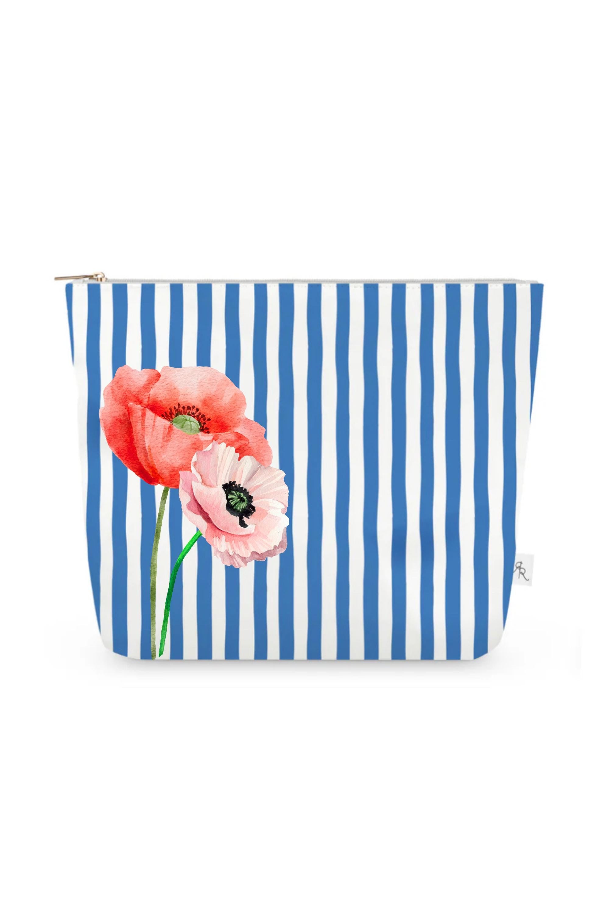 Blue + White Cabana Stripe Pouch Set with Pink + Red Poppies – Set of 3 Travel Organizers, Preppy Floral Bags, Cosmetic Toiletry Pouches