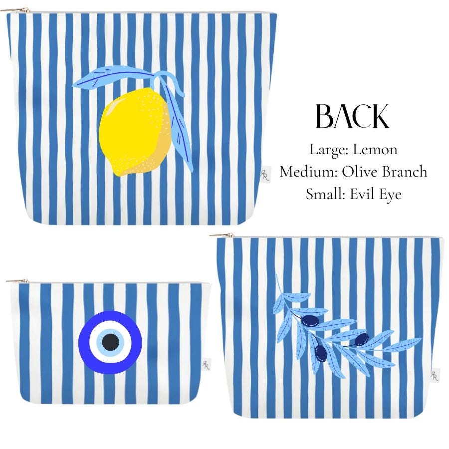 Greece Cabana Stripe Pouch Set | Blue + White Travel Bags with Lemon Tree, Olive Branch + Lemon Prints | Coastal Luxe Organizer Gift 3 sizes