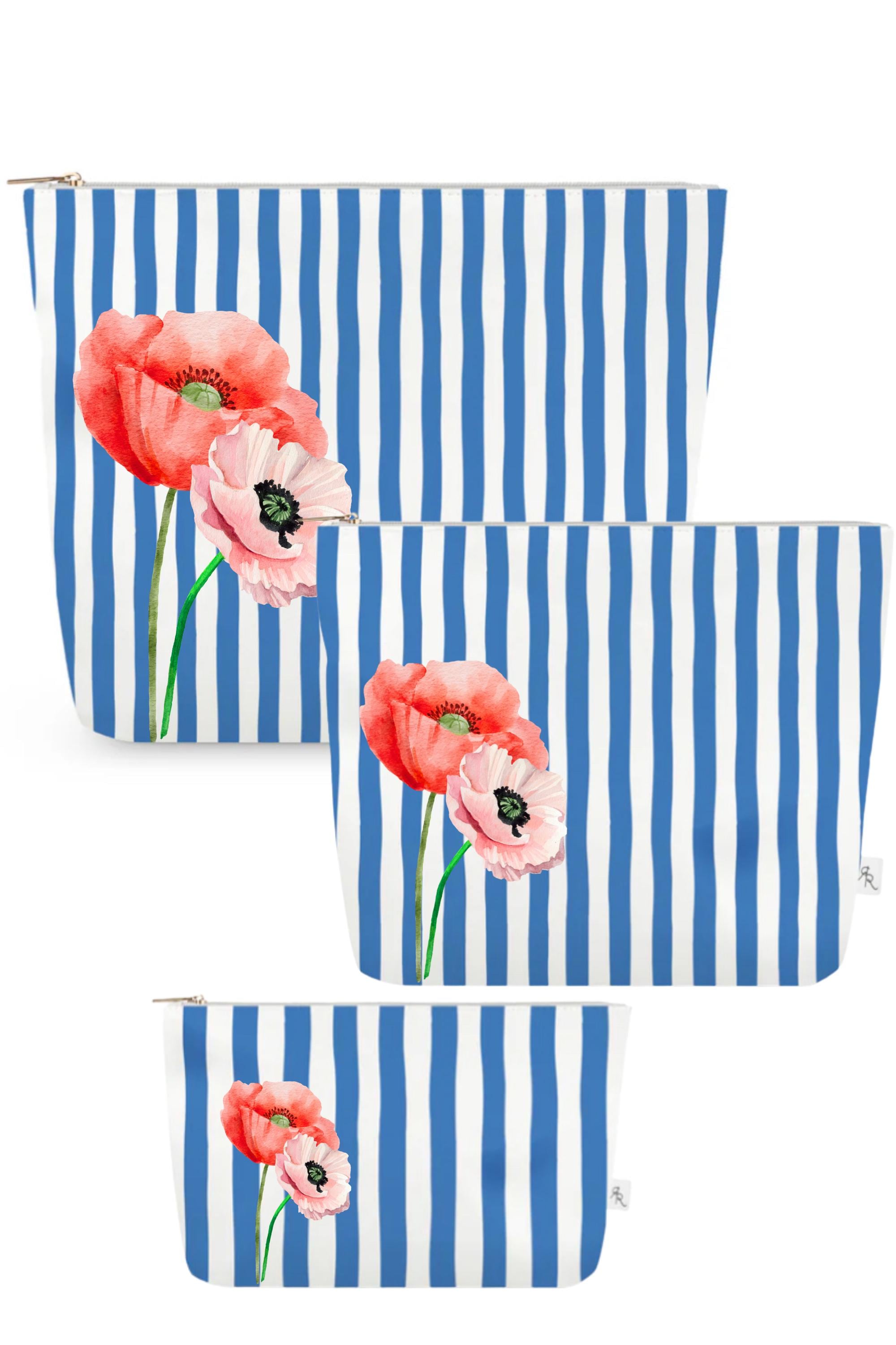 Blue + White Cabana Stripe Pouch Set with Pink + Red Poppies – Set of 3 Travel Organizers, Preppy Floral Bags, Cosmetic Toiletry Pouches