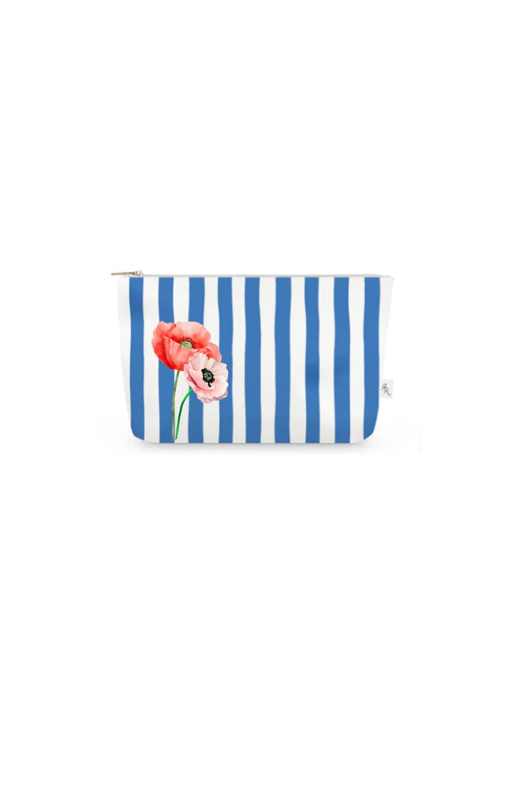 Blue + White Cabana Stripe Pouch Set with Pink + Red Poppies – Set of 3 Travel Organizers, Preppy Floral Bags, Cosmetic Toiletry Pouches