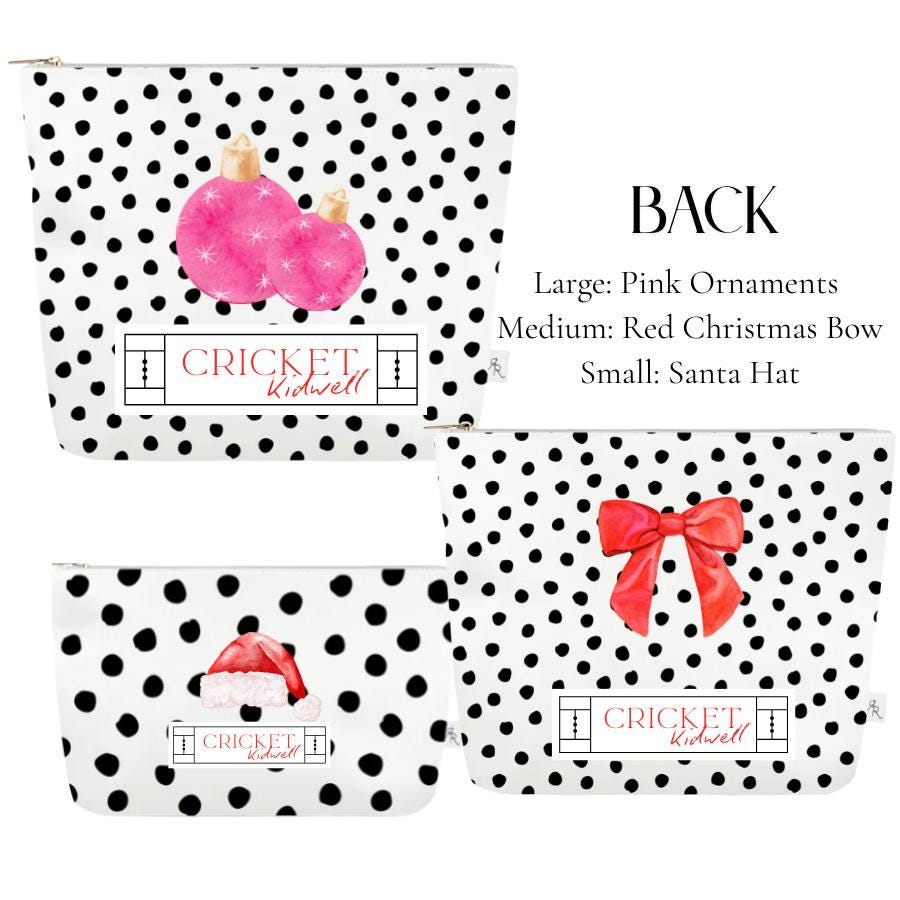 Christmas Polka Dot Pouch Set | White + Black Dotted Holiday Bags w Nutcracker, VW Bug, Snow Globe + Santa Prints | Festive Travel