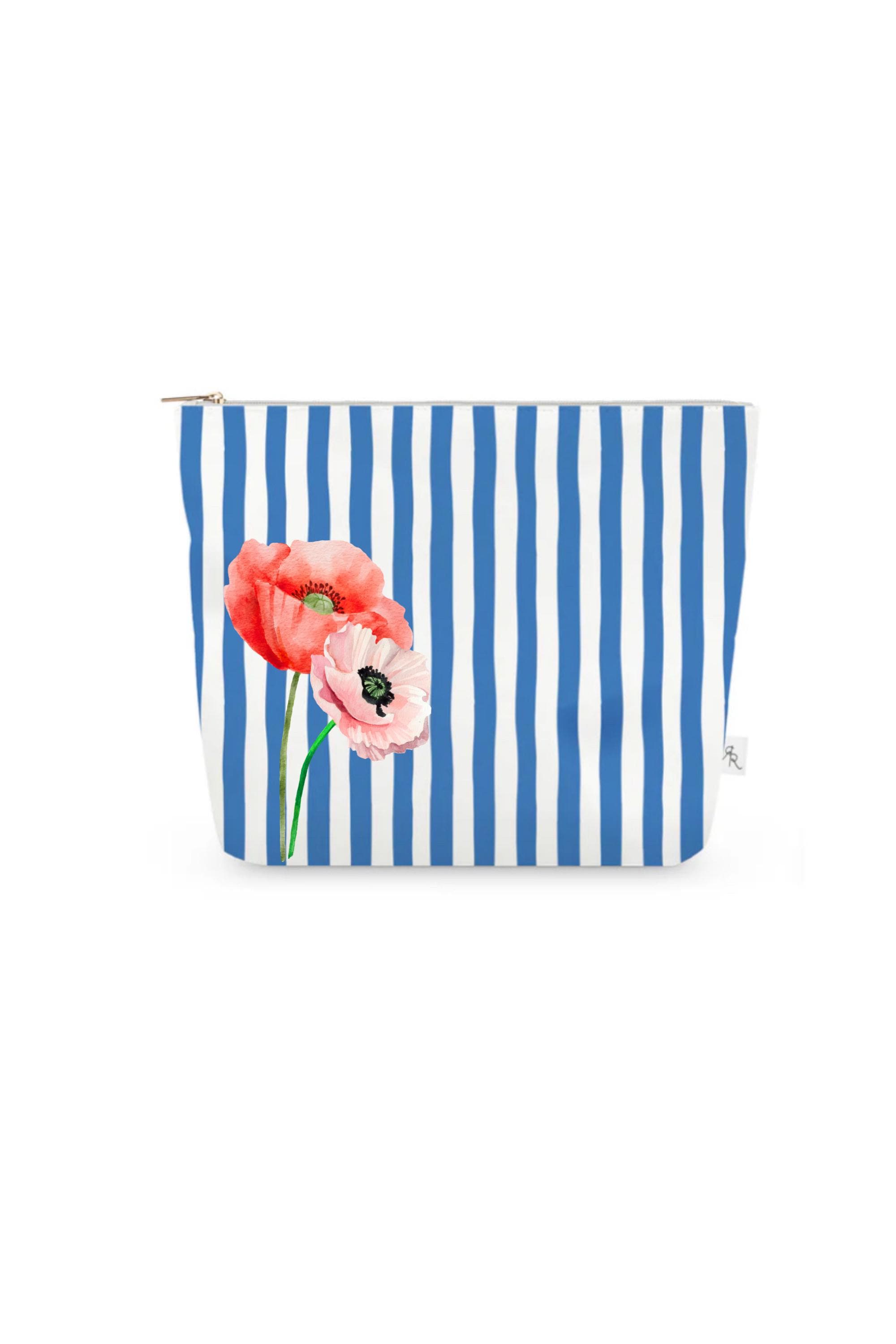Blue + White Cabana Stripe Pouch Set with Pink + Red Poppies – Set of 3 Travel Organizers, Preppy Floral Bags, Cosmetic Toiletry Pouches