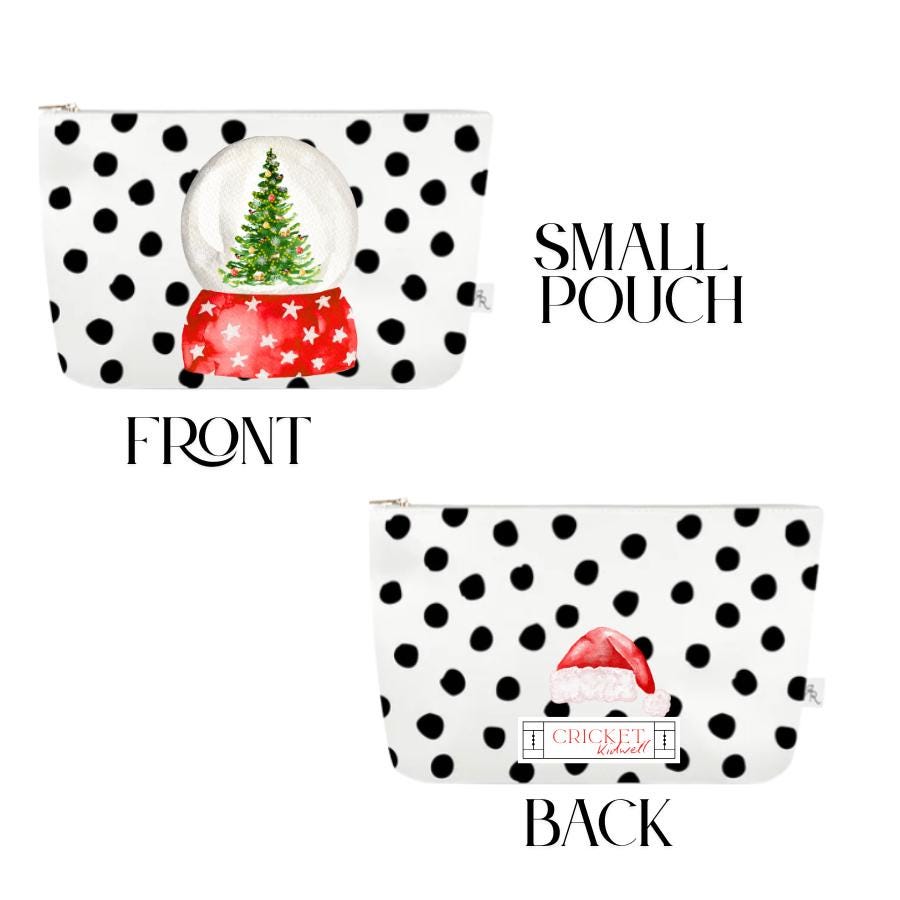 Christmas Polka Dot Pouch Set | White + Black Dotted Holiday Bags w Nutcracker, VW Bug, Snow Globe + Santa Prints | Festive Travel