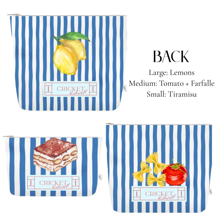 Italy Cabana Stripe Pouch Set | Blue & White Travel Bags with Italian Seafood, Pasta + Espresso Prints | Mediterranean Organizer Gift Set