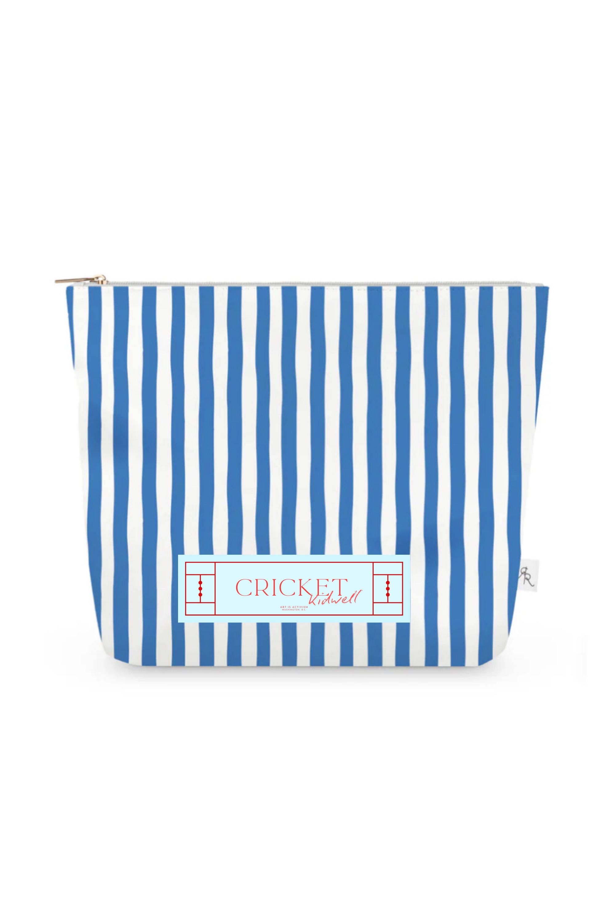 Blue & White Cabana Stripe Pouch Set with Yellow Tennis Balls – Set of 3 Travel Organizers, Sporty Preppy Cosmetic Bags, Tennis Gift