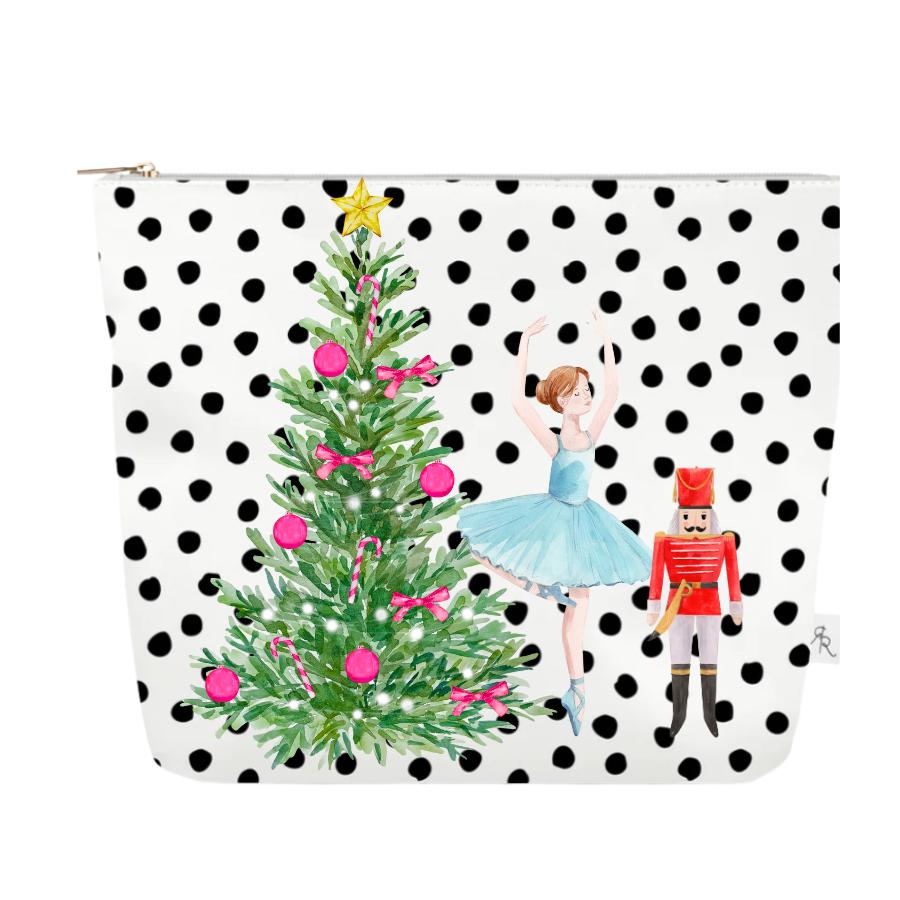 Christmas Polka Dot Pouch Set | White + Black Dotted Holiday Bags w Nutcracker, VW Bug, Snow Globe + Santa Prints | Festive Travel