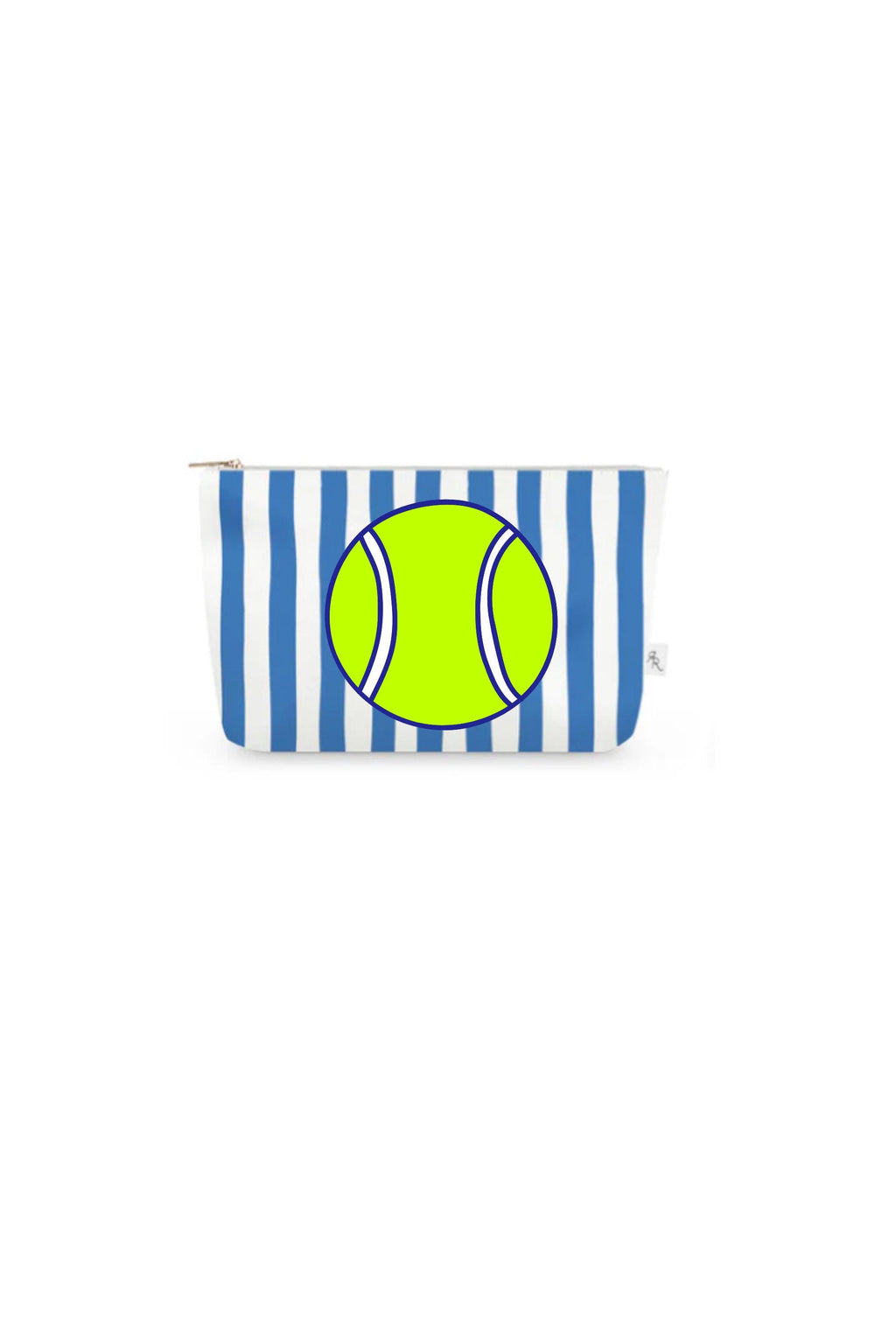 Blue & White Cabana Stripe Pouch Set with Yellow Tennis Balls – Set of 3 Travel Organizers, Sporty Preppy Cosmetic Bags, Tennis Gift