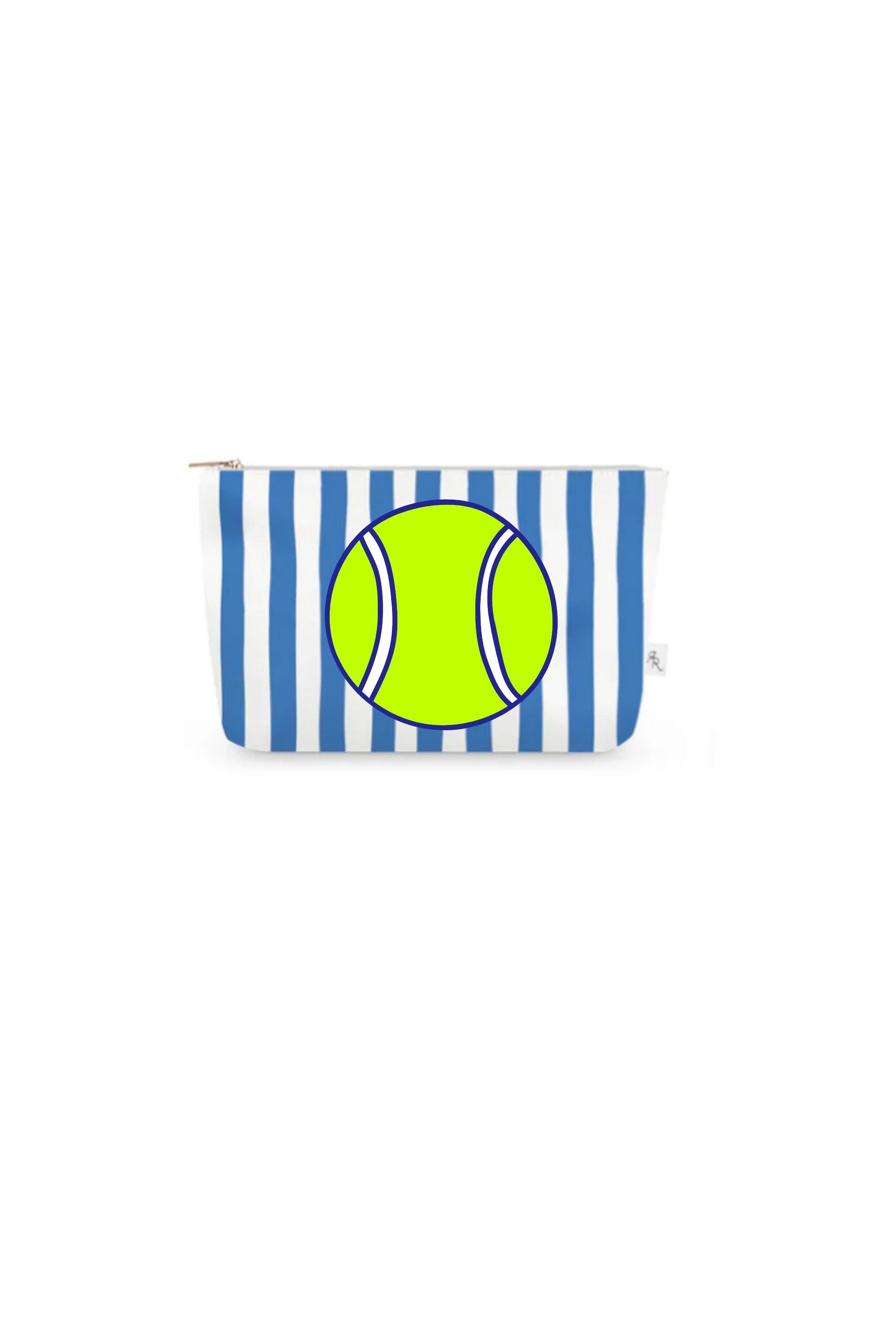 Blue & White Cabana Stripe Pouch Set with Yellow Tennis Balls – Set of 3 Travel Organizers, Sporty Preppy Cosmetic Bags, Tennis Gift