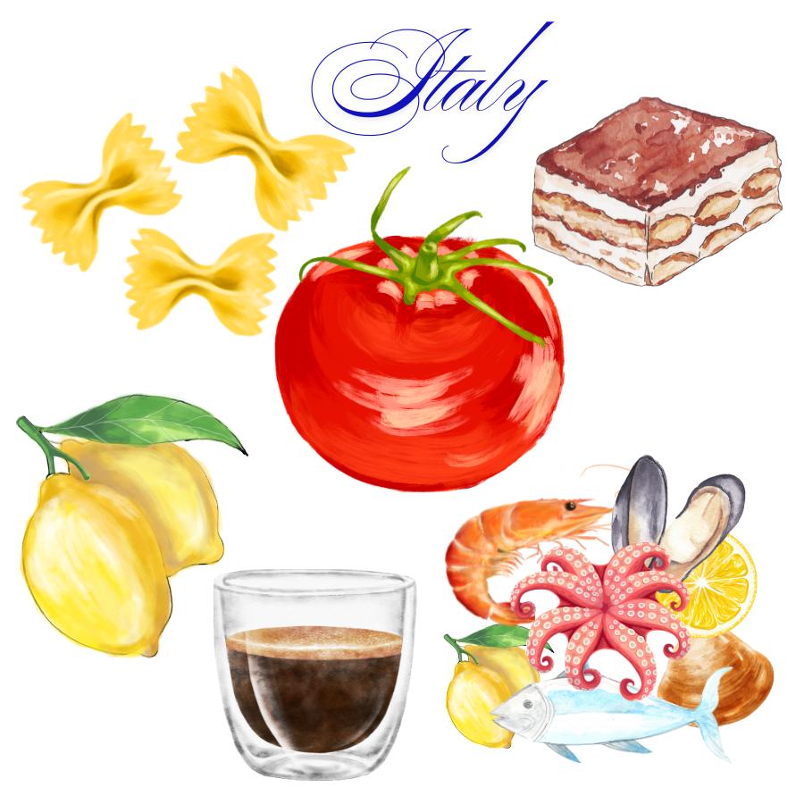 Italy Cabana Stripe Pouch Set | Blue & White Travel Bags with Italian Seafood, Pasta + Espresso Prints | Mediterranean Organizer Gift Set