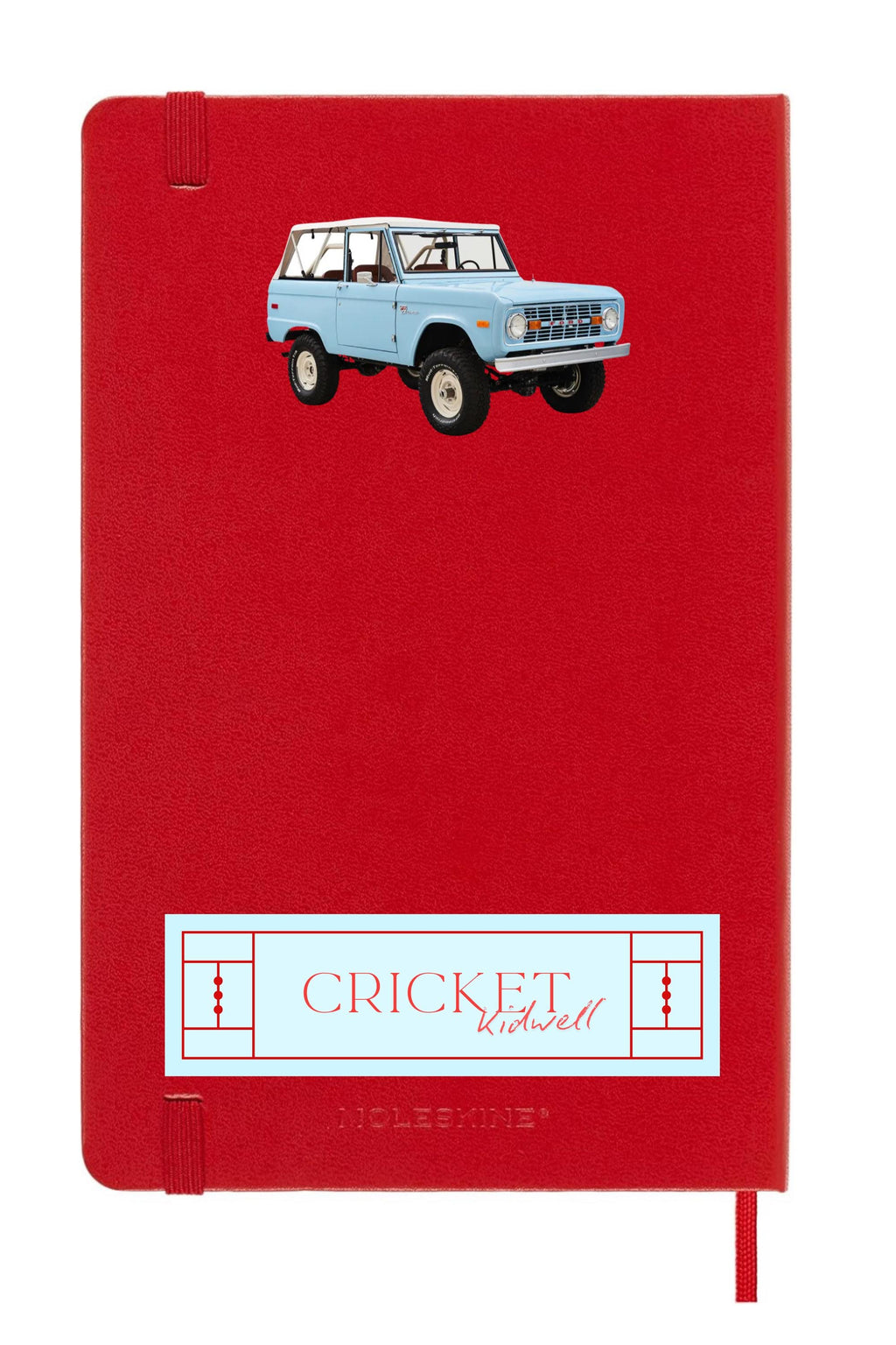 Red Moleskine journal featuring vintage Bronco art — a retro truck notebook ideal for car enthusiasts, travelers, and unique gift seekers.