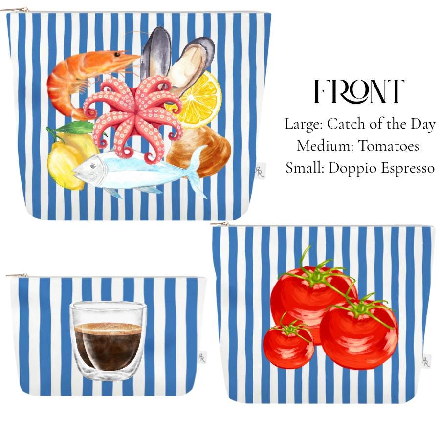 Italy Cabana Stripe Pouch Set | Blue & White Travel Bags with Italian Seafood, Pasta + Espresso Prints | Mediterranean Organizer Gift Set