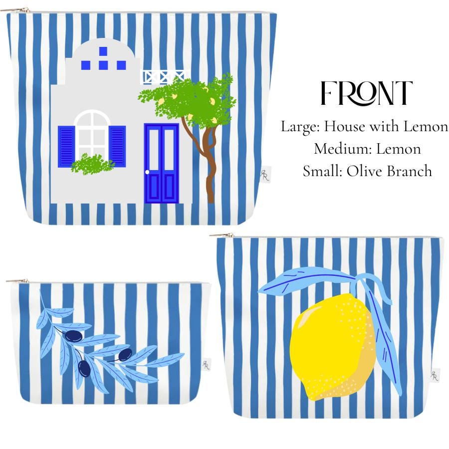 Greece Cabana Stripe Pouch Set | Blue + White Travel Bags with Lemon Tree, Olive Branch + Lemon Prints | Coastal Luxe Organizer Gift 3 sizes