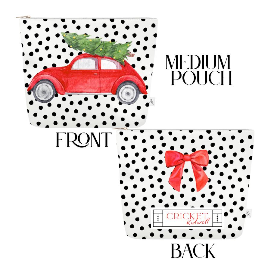 Christmas Polka Dot Pouch Set | White + Black Dotted Holiday Bags w Nutcracker, VW Bug, Snow Globe + Santa Prints | Festive Travel