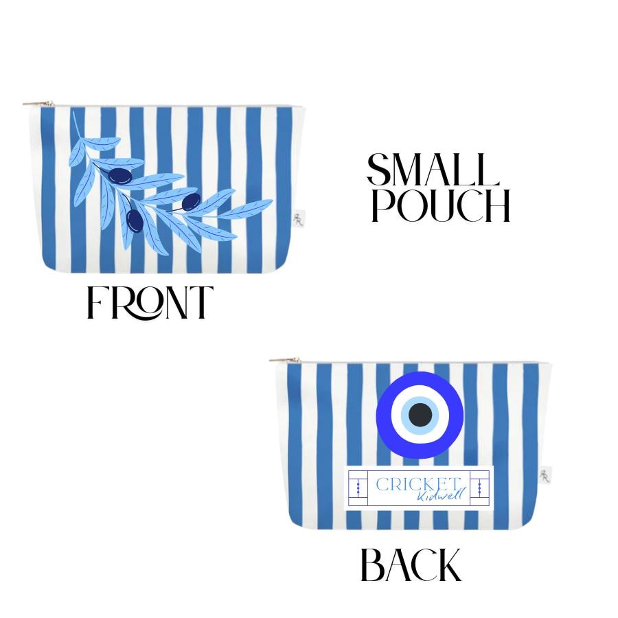 Greece Cabana Stripe Pouch Set | Blue + White Travel Bags with Lemon Tree, Olive Branch + Lemon Prints | Coastal Luxe Organizer Gift 3 sizes
