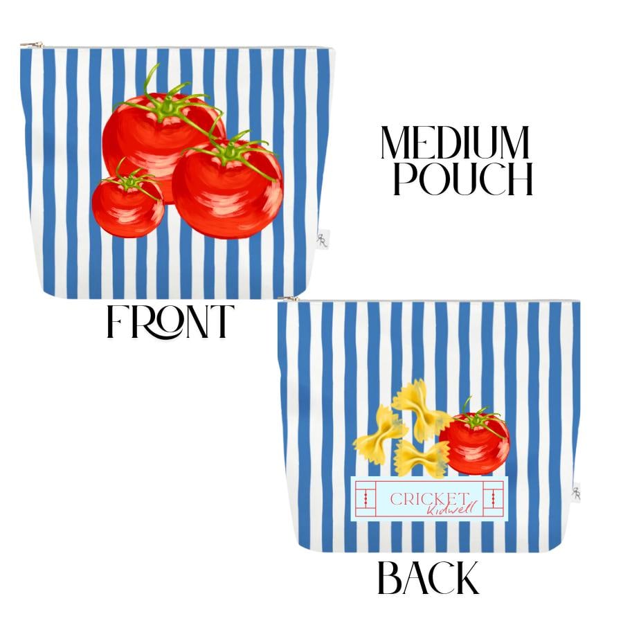 Italy Cabana Stripe Pouch Set | Blue & White Travel Bags with Italian Seafood, Pasta + Espresso Prints | Mediterranean Organizer Gift Set