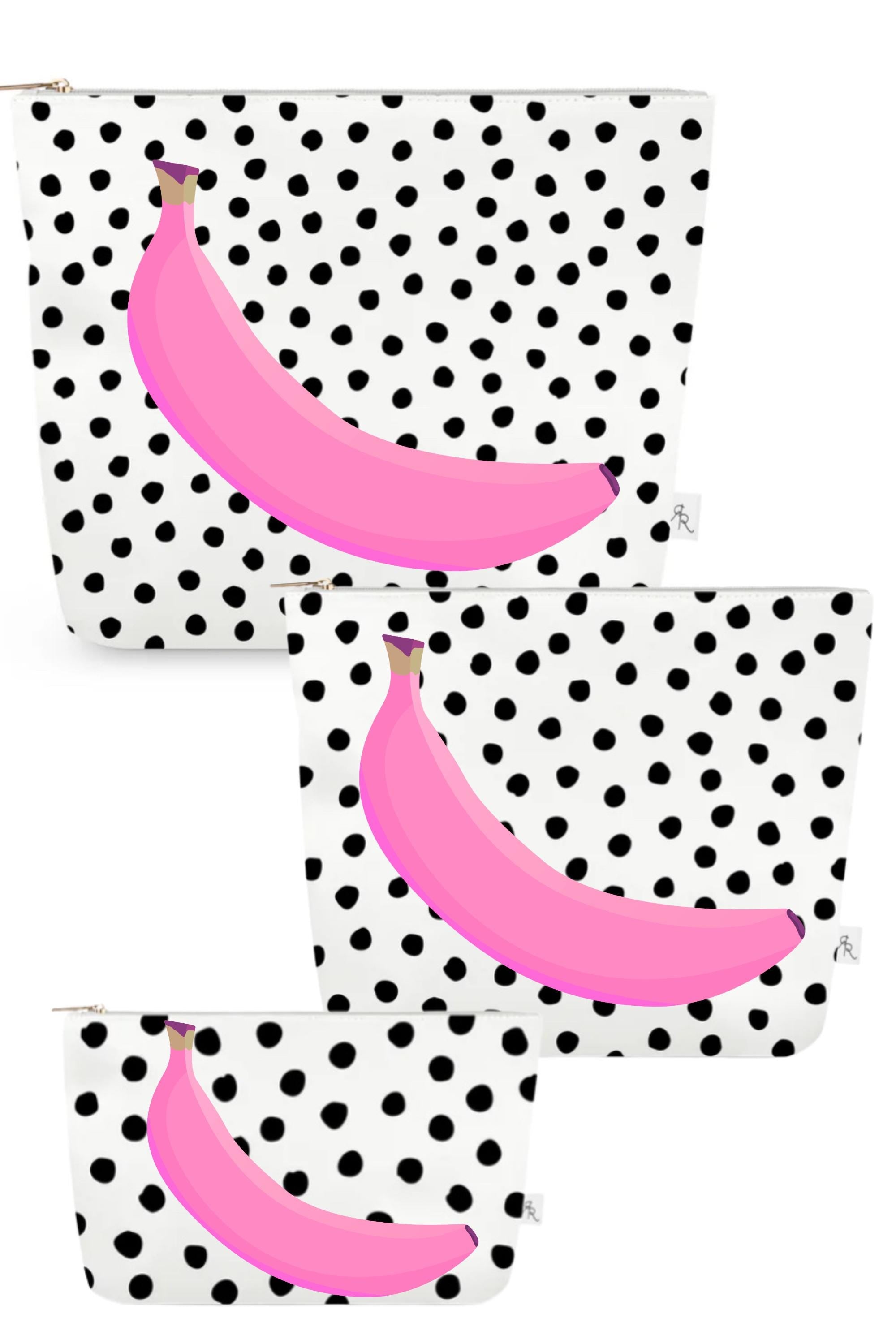 White + Black Polka Dot Pouch Set with Pink Bananas – Set of 3 Travel Organizer Bags, Fun Preppy Cosmetic Pouches, Quirky Luxe Gift Set